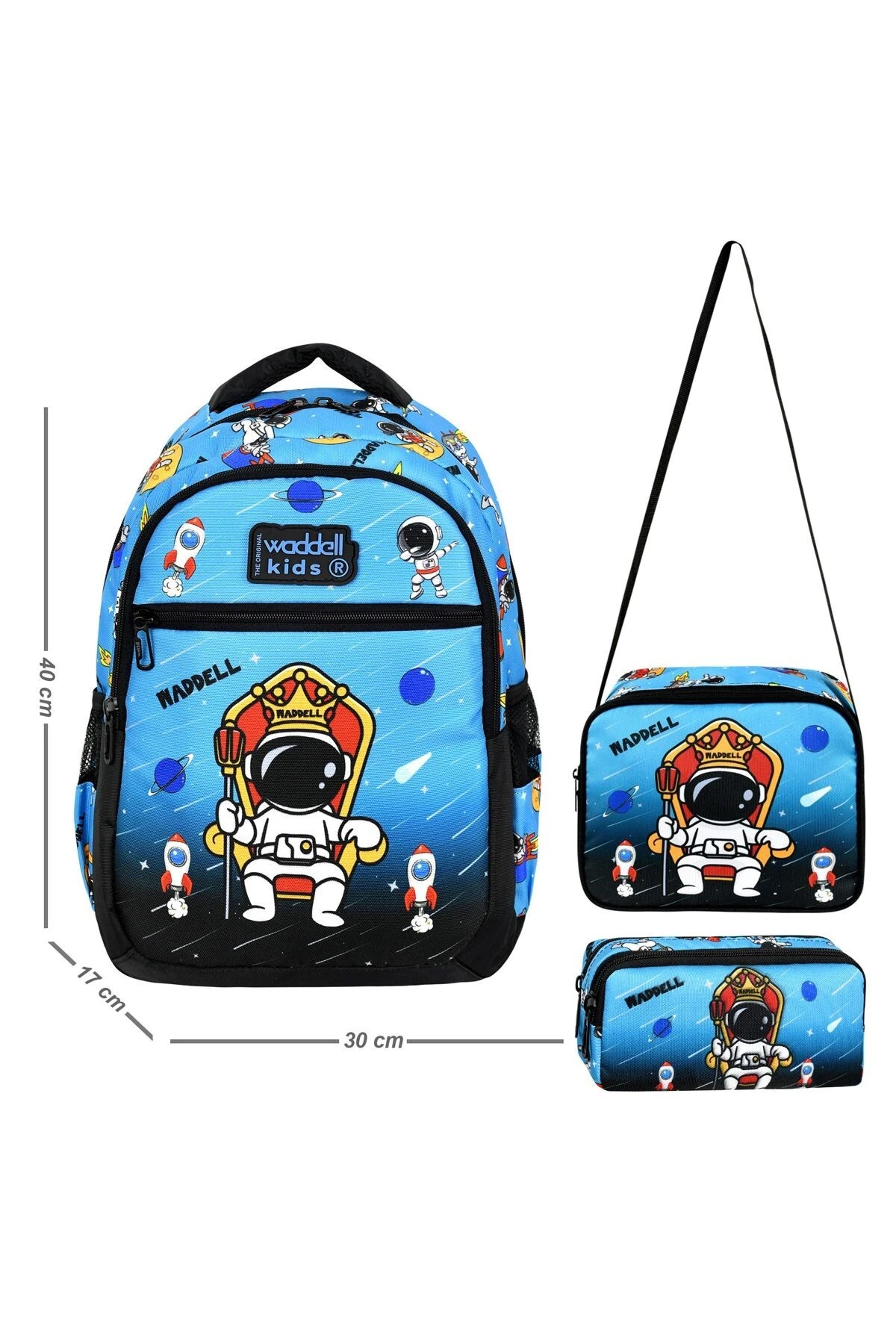 Waddell Kids 3’lü Erkek Çocuk Okul Seti (Sırt Çantası,Beslenme Çantası,Kalemlik) – Astronot ve Roket
