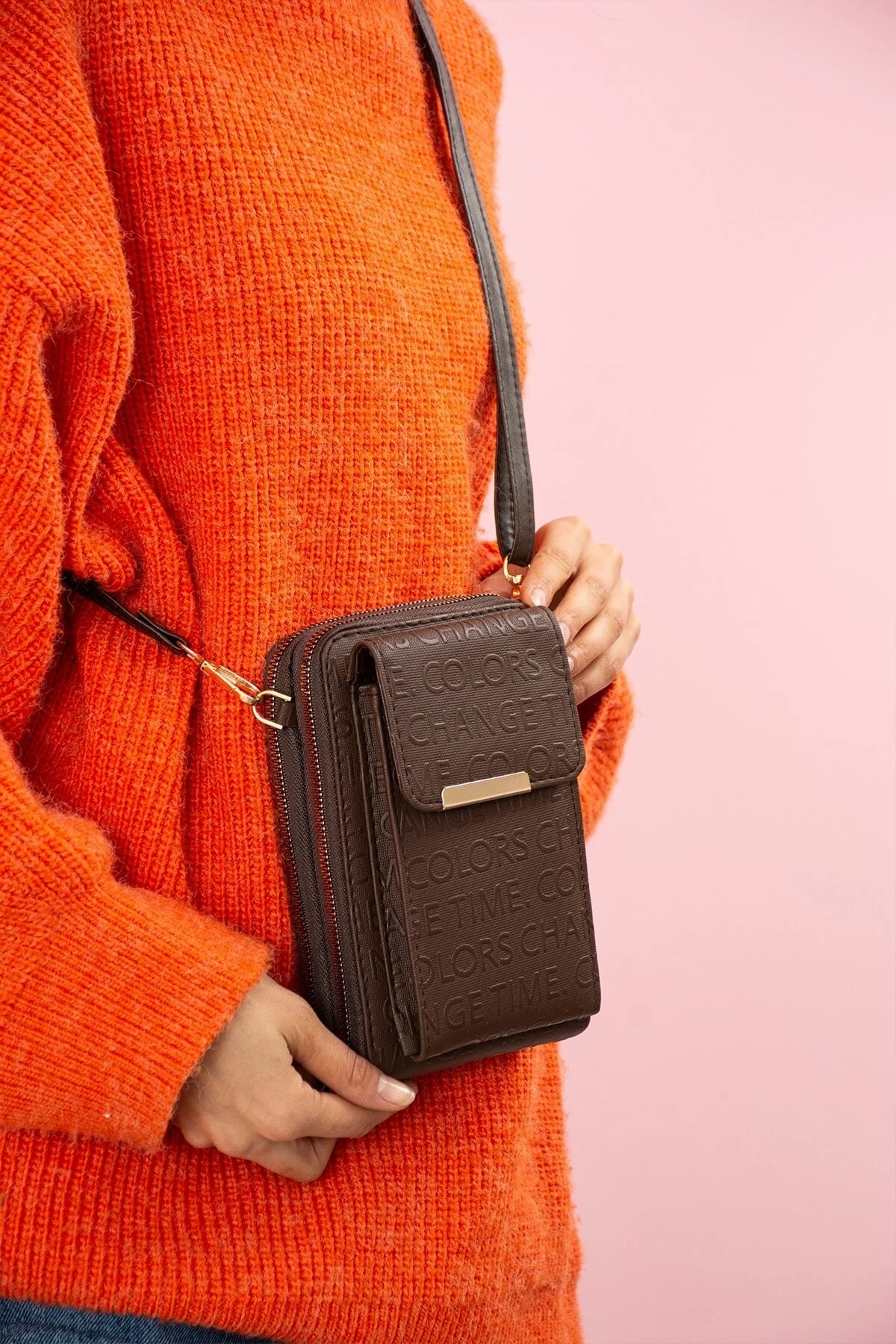 Bordo Gofraj Baskılı 3 Bölmeli Telefon Bölmeli Çapraz Cüzdan Çanta 13x20cm Pbu016