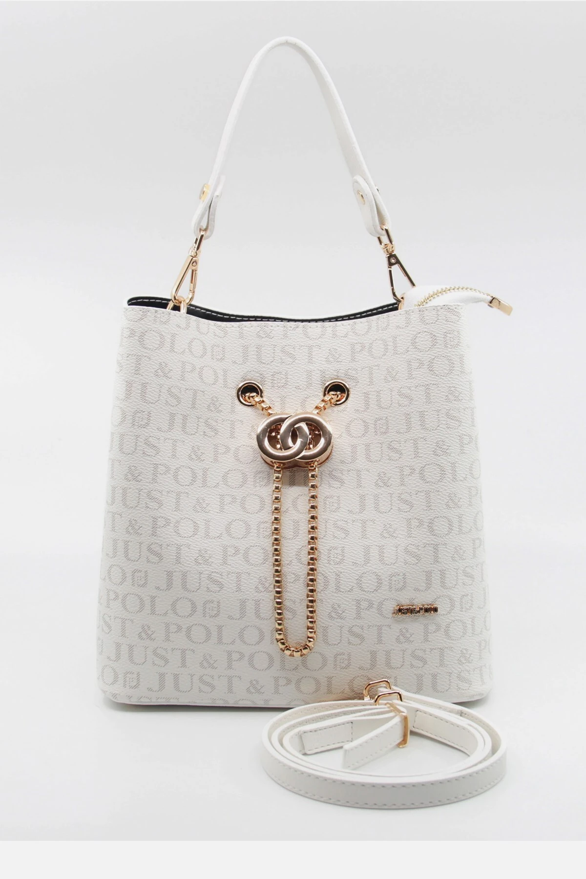 Beyaz Monogram Baskılı Uzun Askılı 3 Bölmeli Kadın El ve Omuz Çantası PBU5602