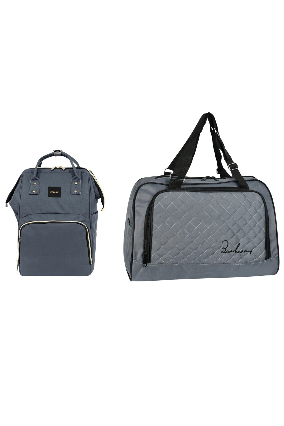 Anne Bebek Bakım Gri Klasik Sırt Çantası Ve Kapitoneli Küçük Boy El Valizi