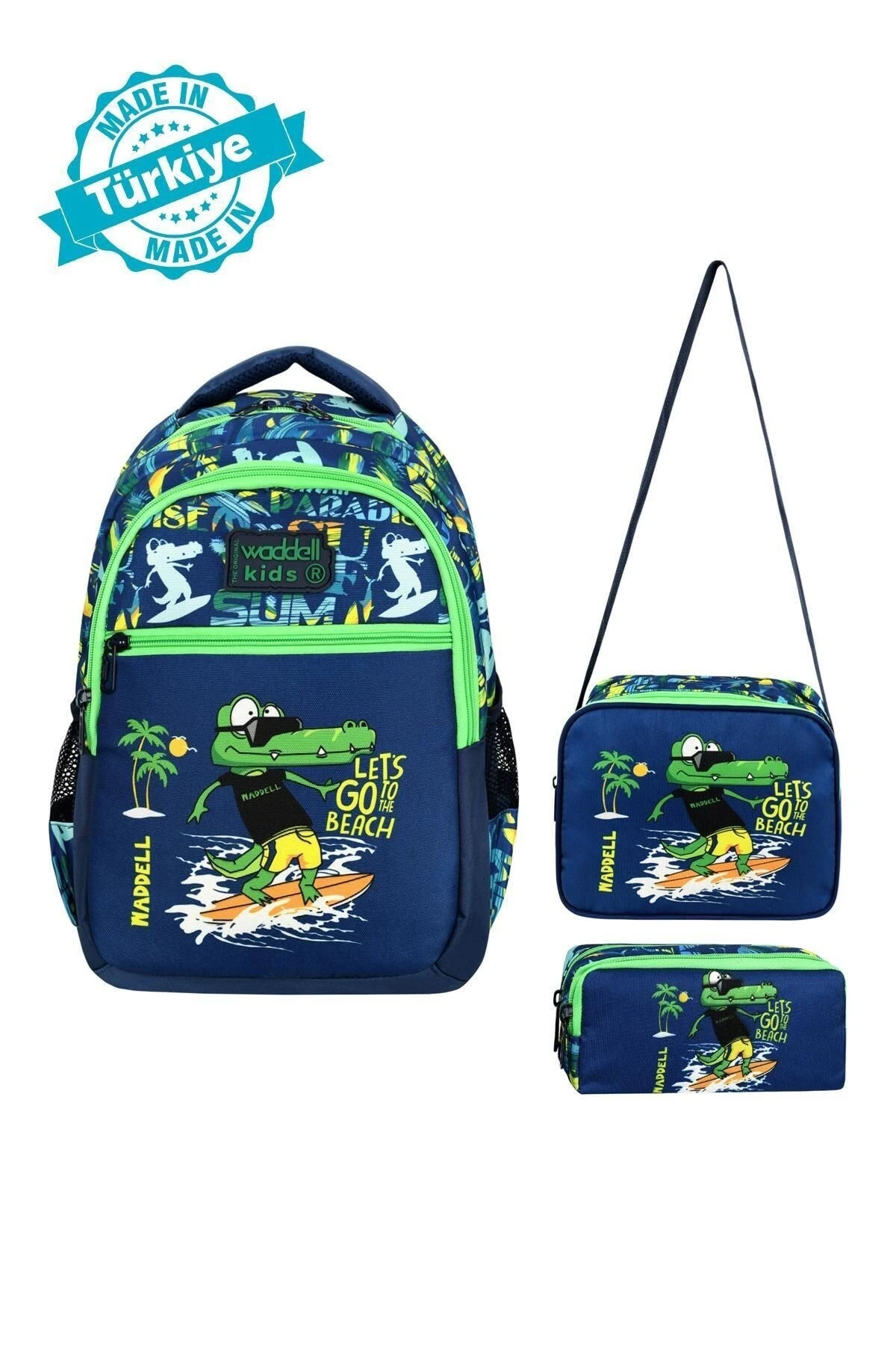 Lisanslı Kids Timsah Desenli Erkek Çocuk İlkokul ve Anasınıfı Okul Çantası 3'lü Set Yeşil - Lacivert