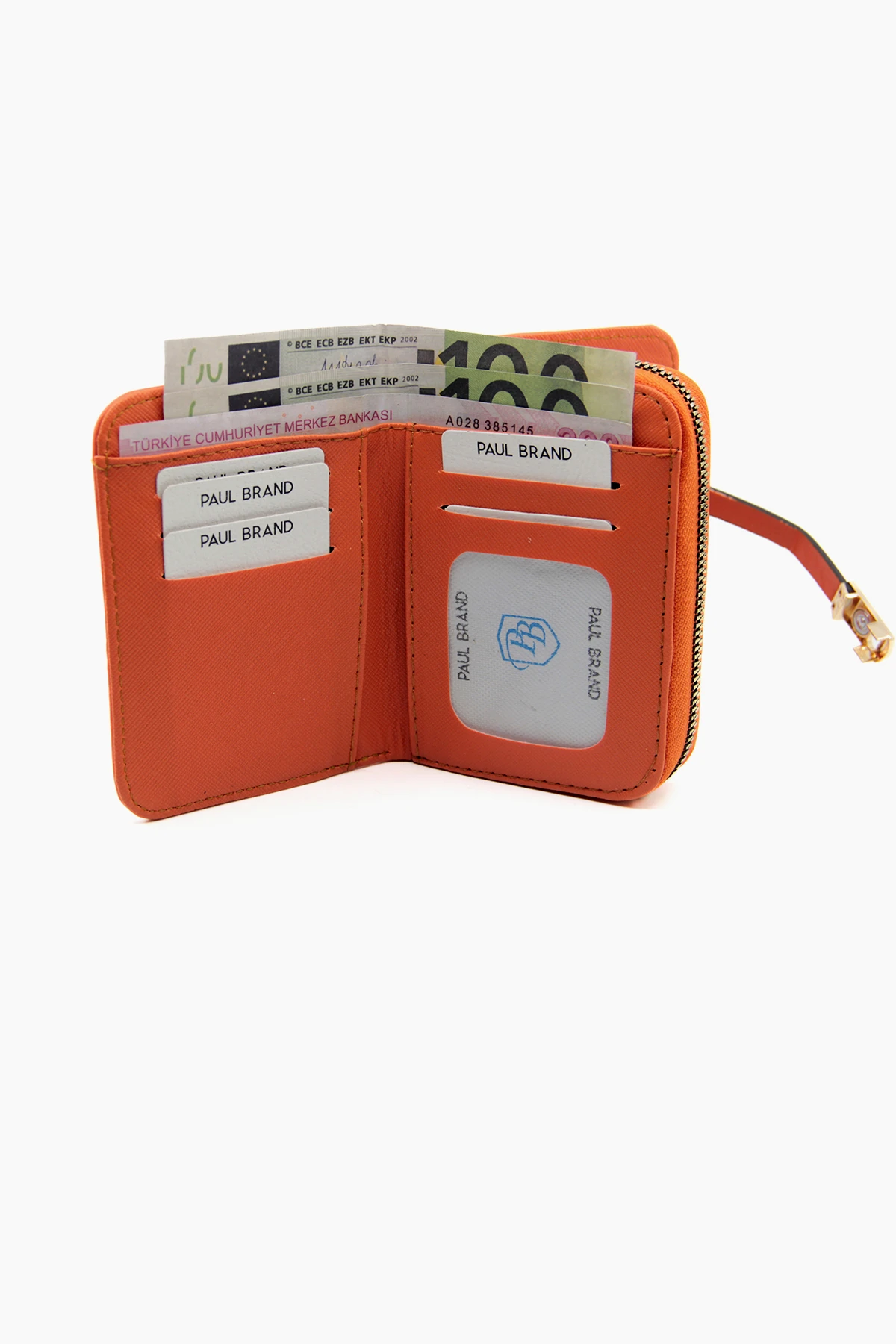 Büyük Boy Patlı Bol Kartlıklı Bozuk Para ve Kağıt Para Bölmeli Turuncu Kadın Cüzdan PBA742