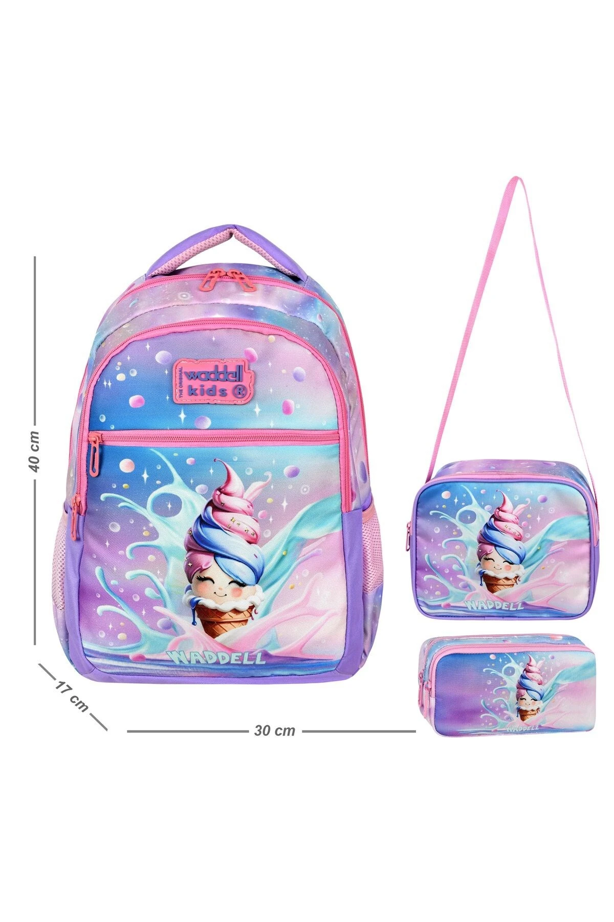 Waddell Kids 3’lü Kız Çocuk Okul Seti (Sırt Çantası, Beslenme Çantası, Kalemlik) – Dondurma Desenli