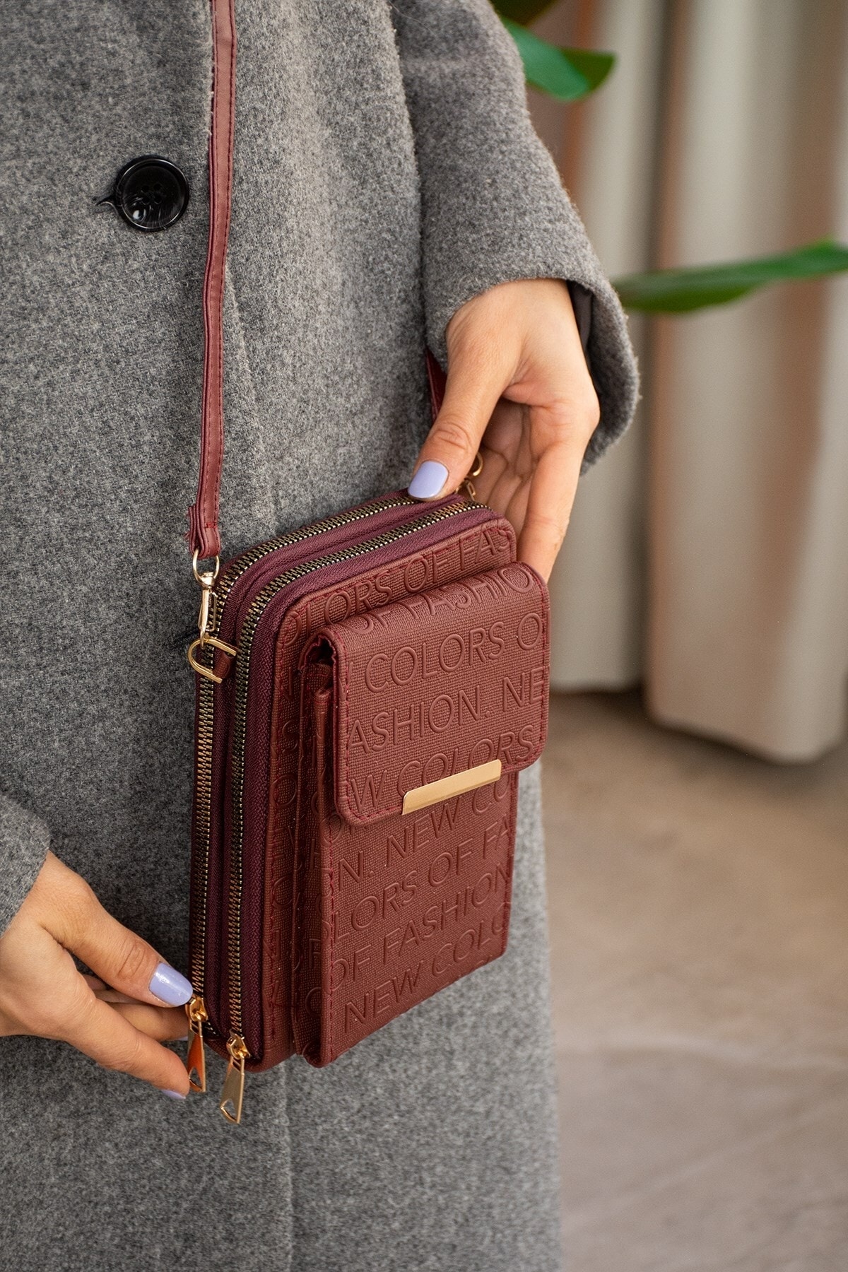 Bordo Kadın Çapraz Askılı Telefon Bölmeli Cüzdan Çanta Hs6560