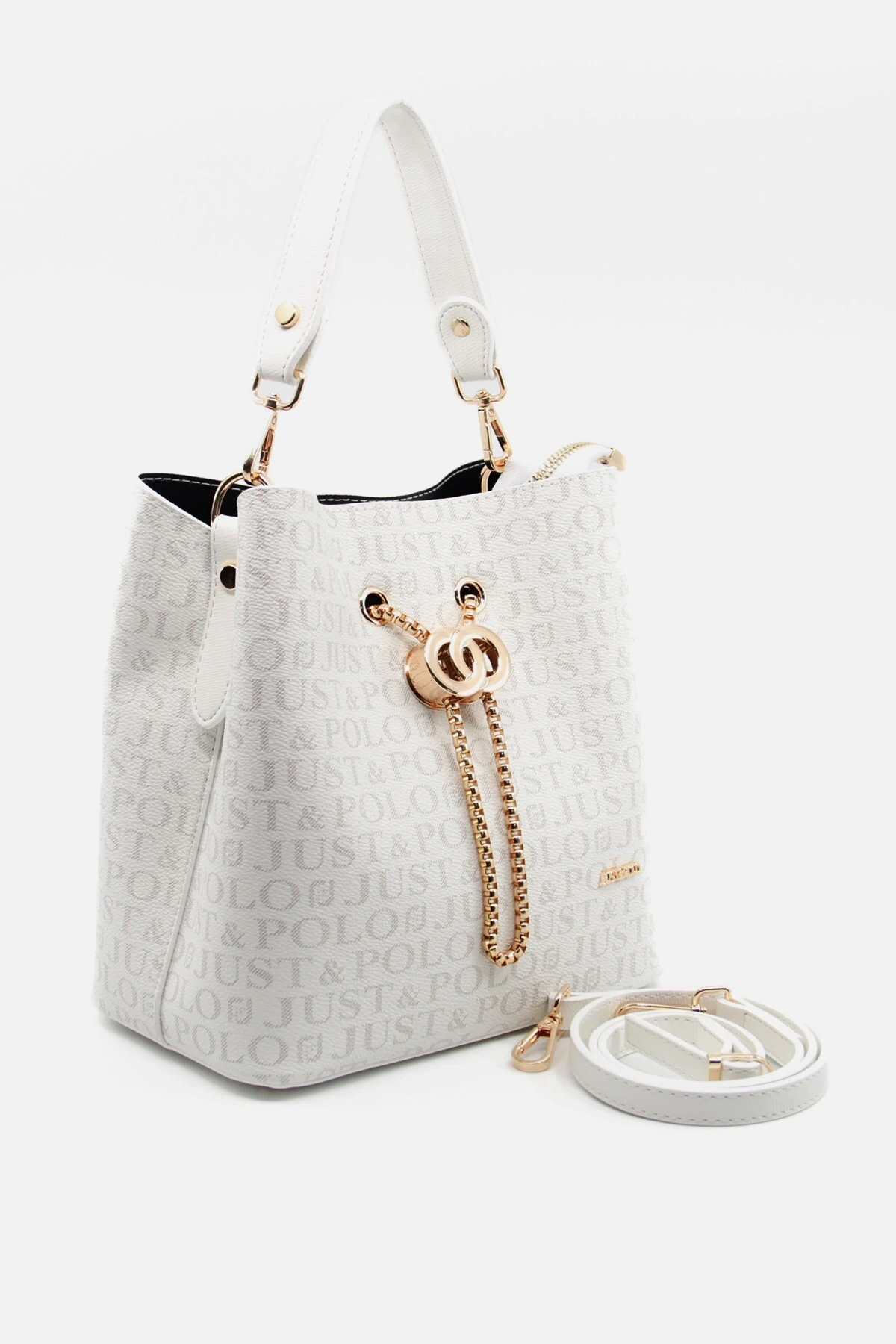 Beyaz Monogram Baskılı Uzun Askılı 3 Bölmeli Kadın El ve Omuz Çantası PBU5602