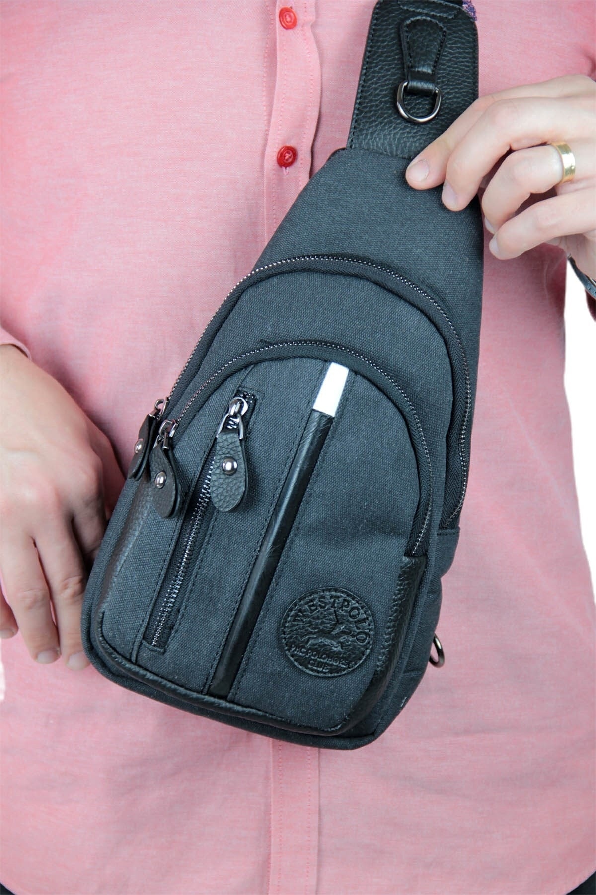 Erkek Siyah Kanvas Detaylı Vücut Çantası Pbu7005