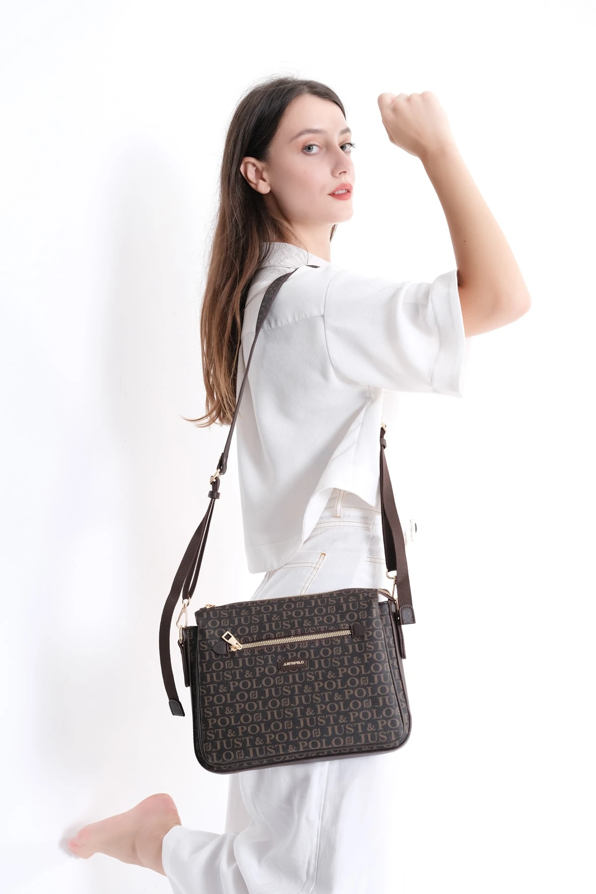 Beyaz Desenli 5 Bölmeli Kadın Çapraz Omuz Çantası