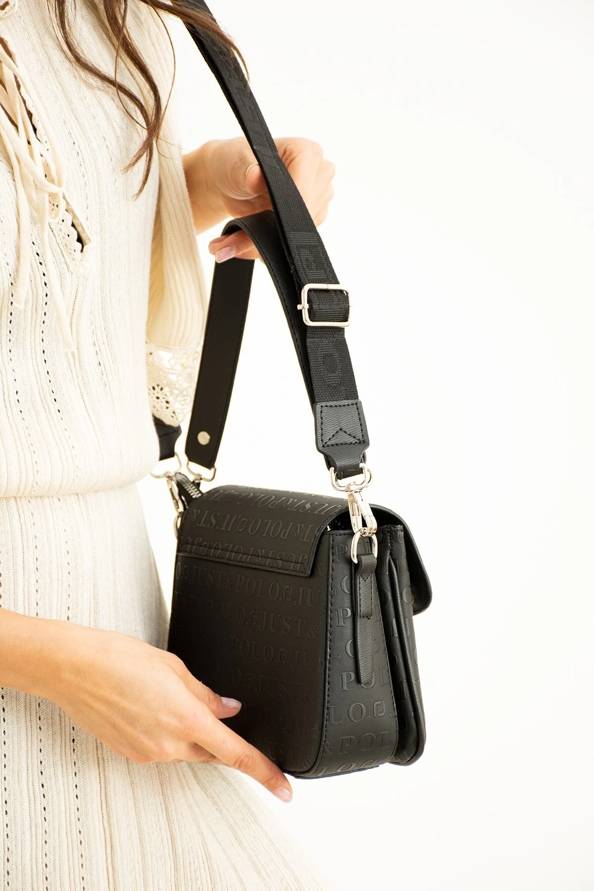 Siyah Baskı Desenli Kolon Askılı 4 Bölmeli Kadın Omuz Çantası Ve Cüzdan Kombini 25x15cm Pbu2184