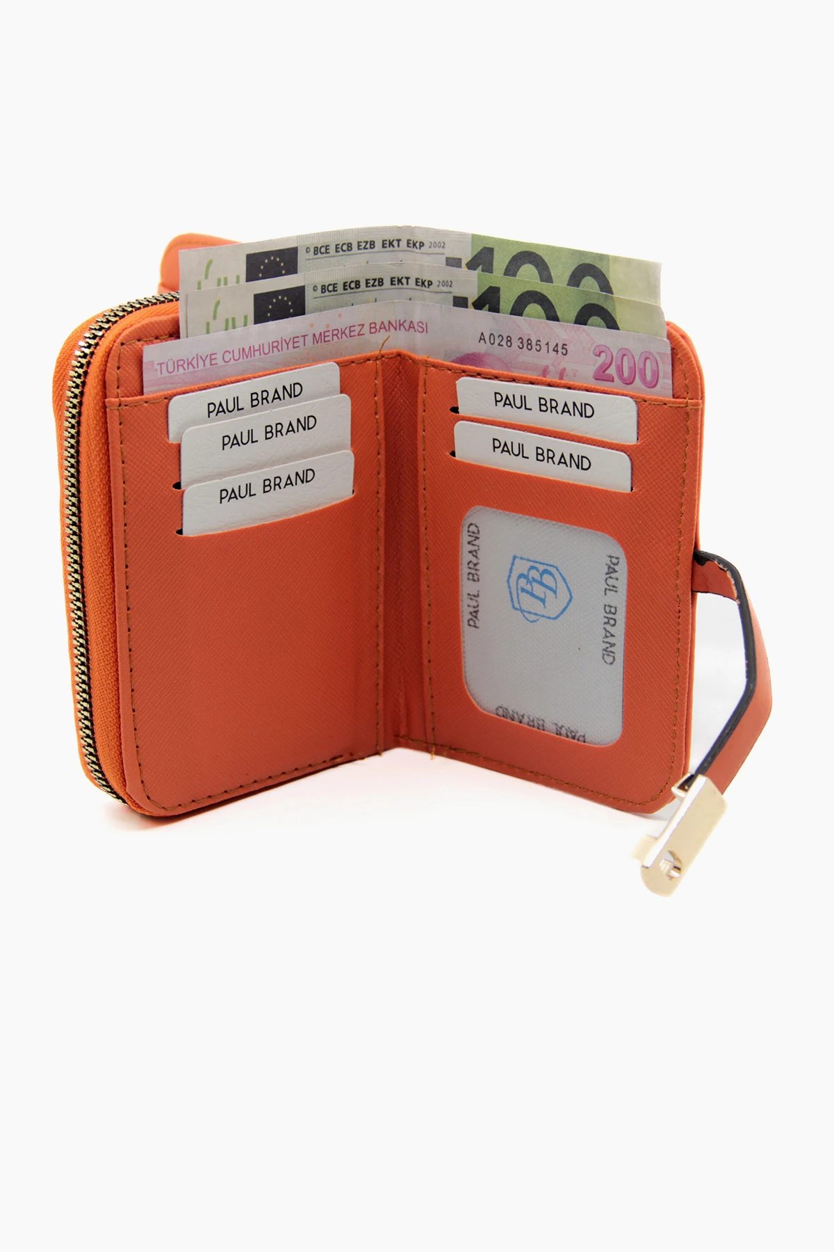 Büyük Boy Patlı Bol Kartlıklı Bozuk Para ve Kağıt Para Bölmeli Turuncu Kadın Cüzdan PBA742