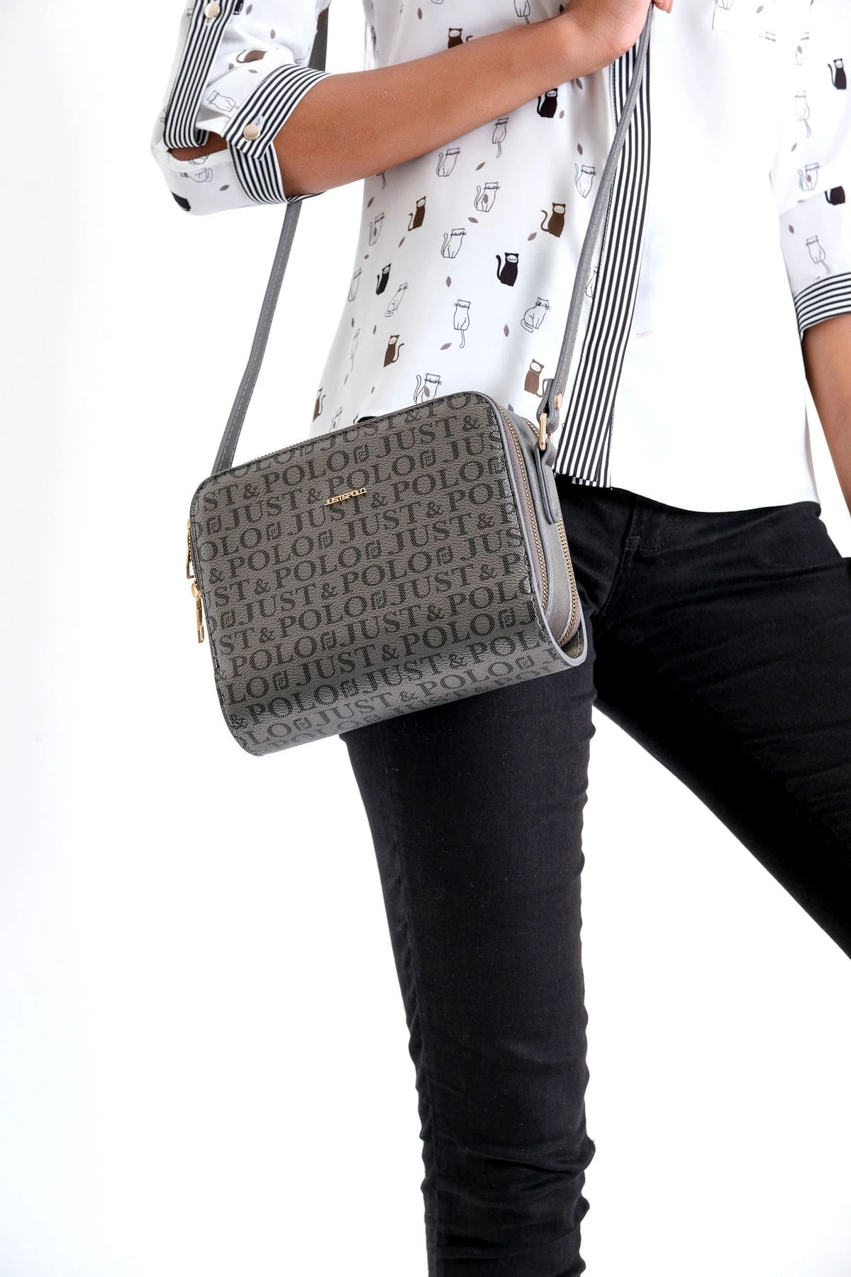 Gri Kadın Desenli Mini Boy Omuz Çantası