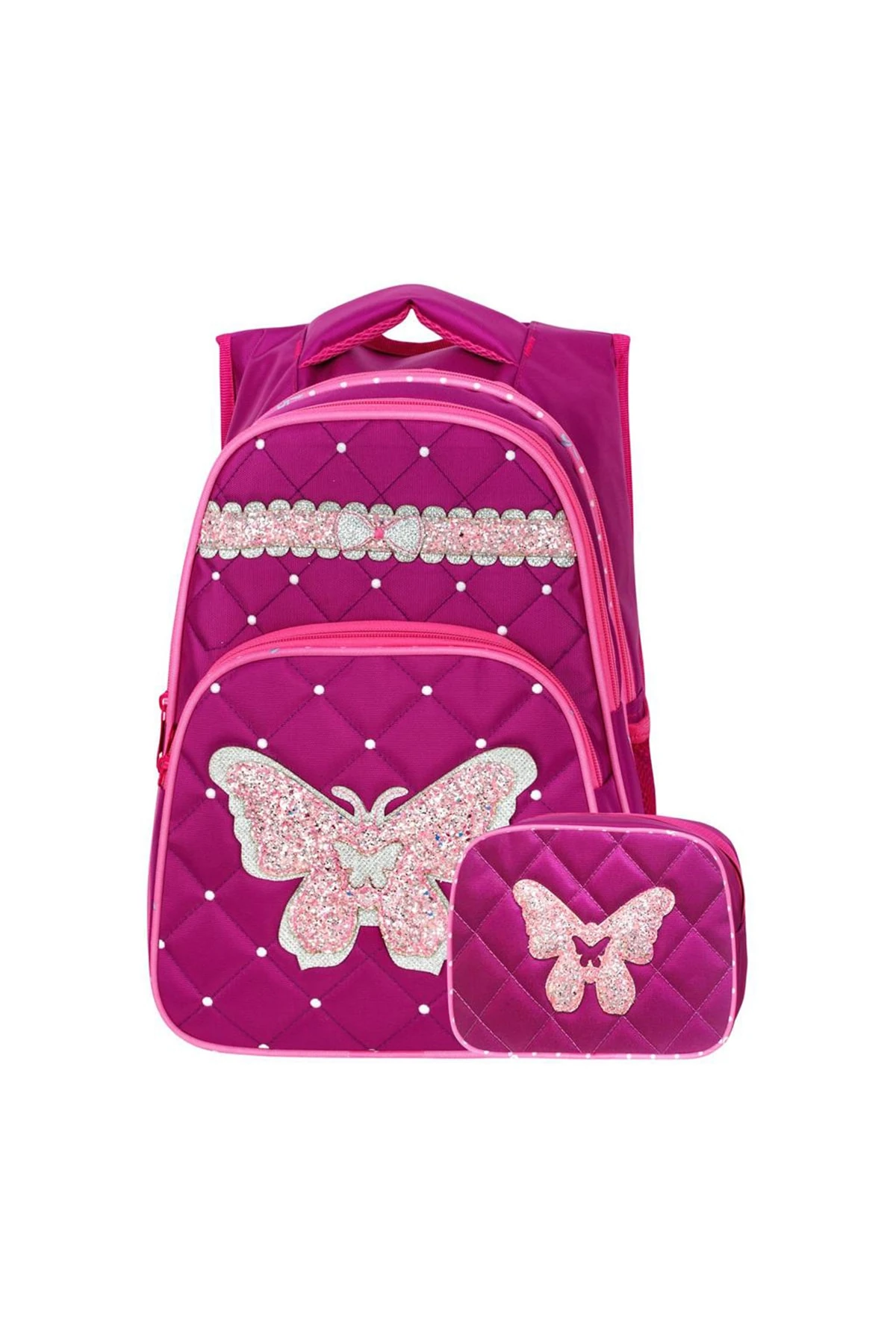 Bordo Pembe Unisex Kelebek Desenli Su Geçirmez Ilkokul Çantası Ve Beslenme Seti