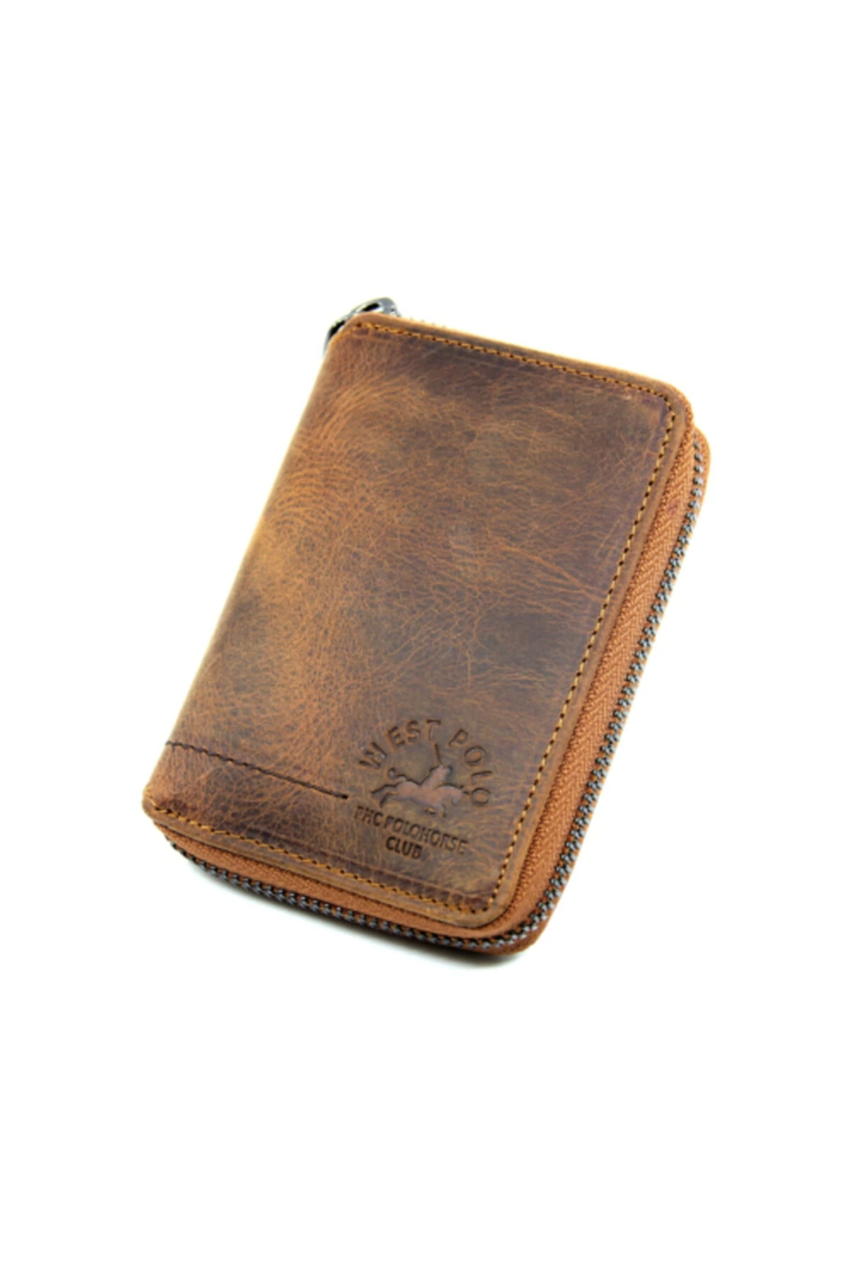 Kahverengi Unisex Fermuarlı Vintage Crazy Hakiki Deri Cüzdan Kartlık