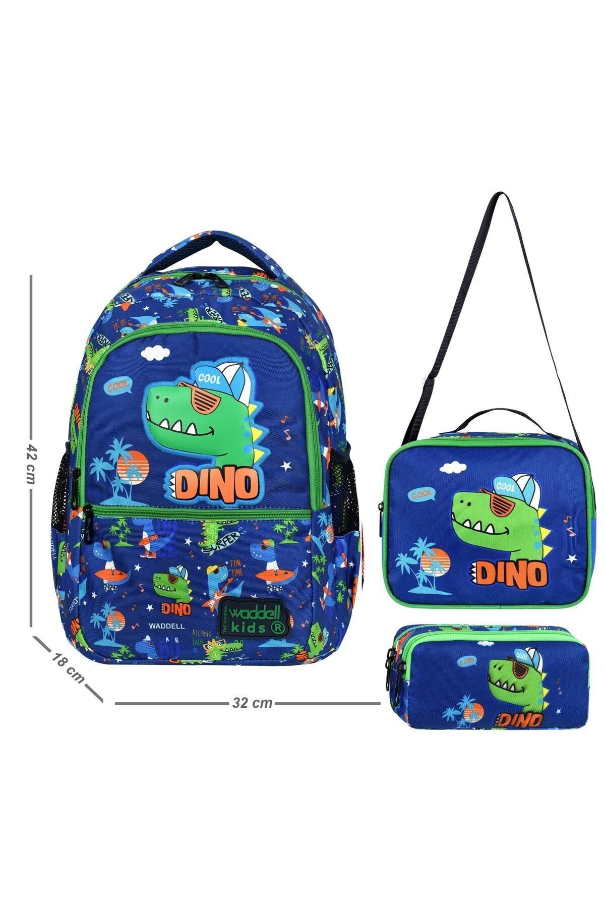 Waddell Kids 3’lü Erkek Çocuk Okul Seti (Sırt Çantası, Beslenme Çantası, Kalemlik) – Dino Desenli