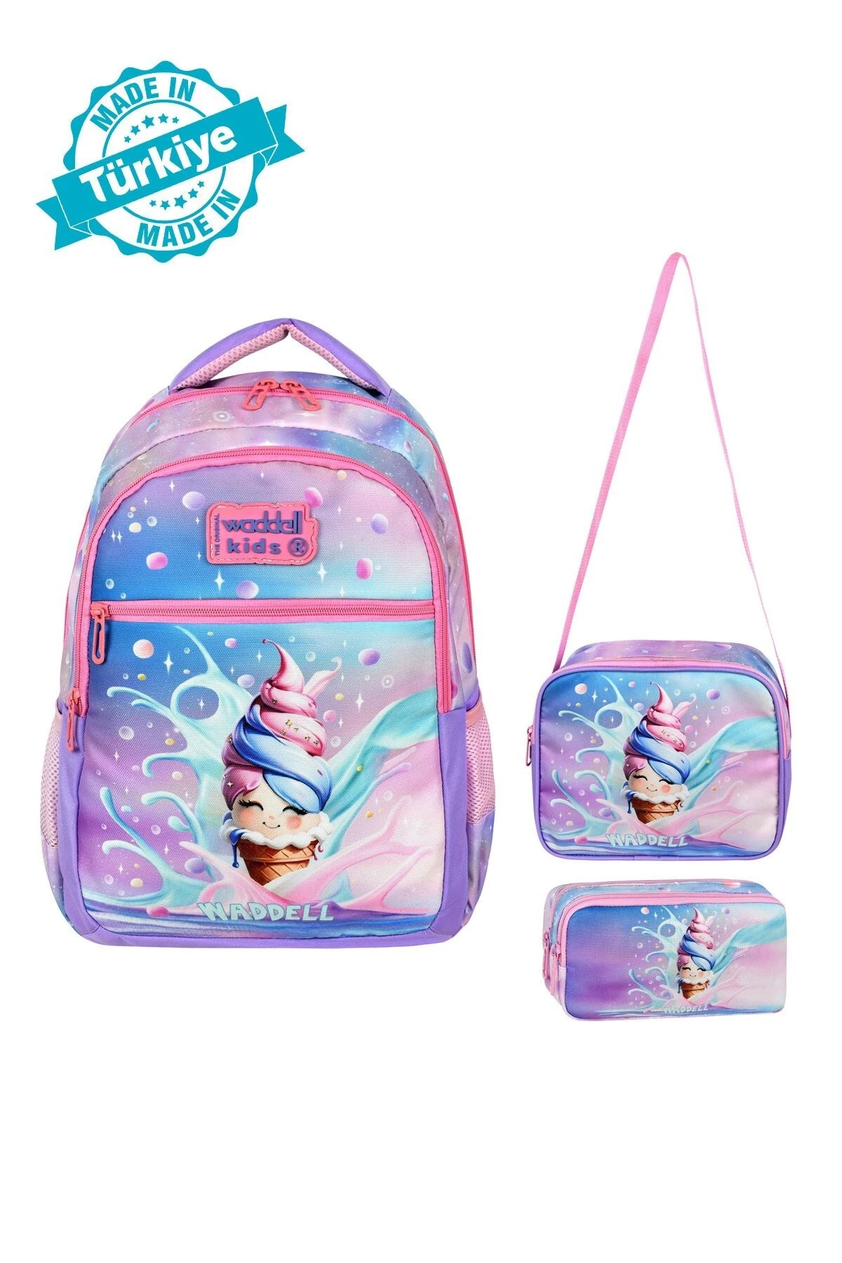 Waddell Kids 3’lü Kız Çocuk Okul Seti (Sırt Çantası, Beslenme Çantası, Kalemlik) – Dondurma Desenli