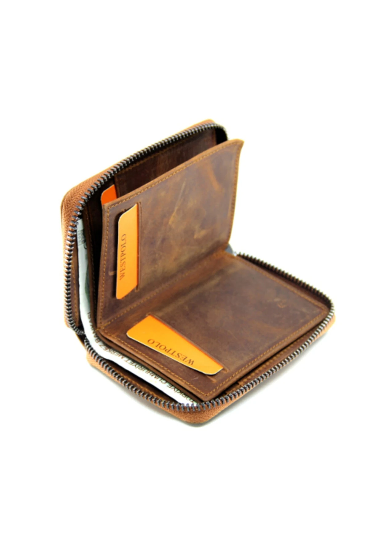 Kahverengi Unisex Fermuarlı Vintage Crazy Hakiki Deri Cüzdan Kartlık