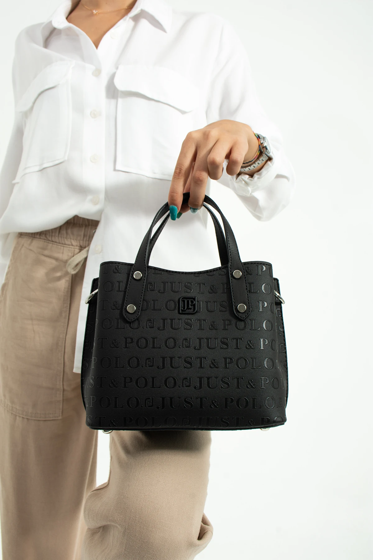 Krem Kolon Askı Gofraj Baskı 4 Bölmeli Kadın El ve Omuz Çantası Mds4095