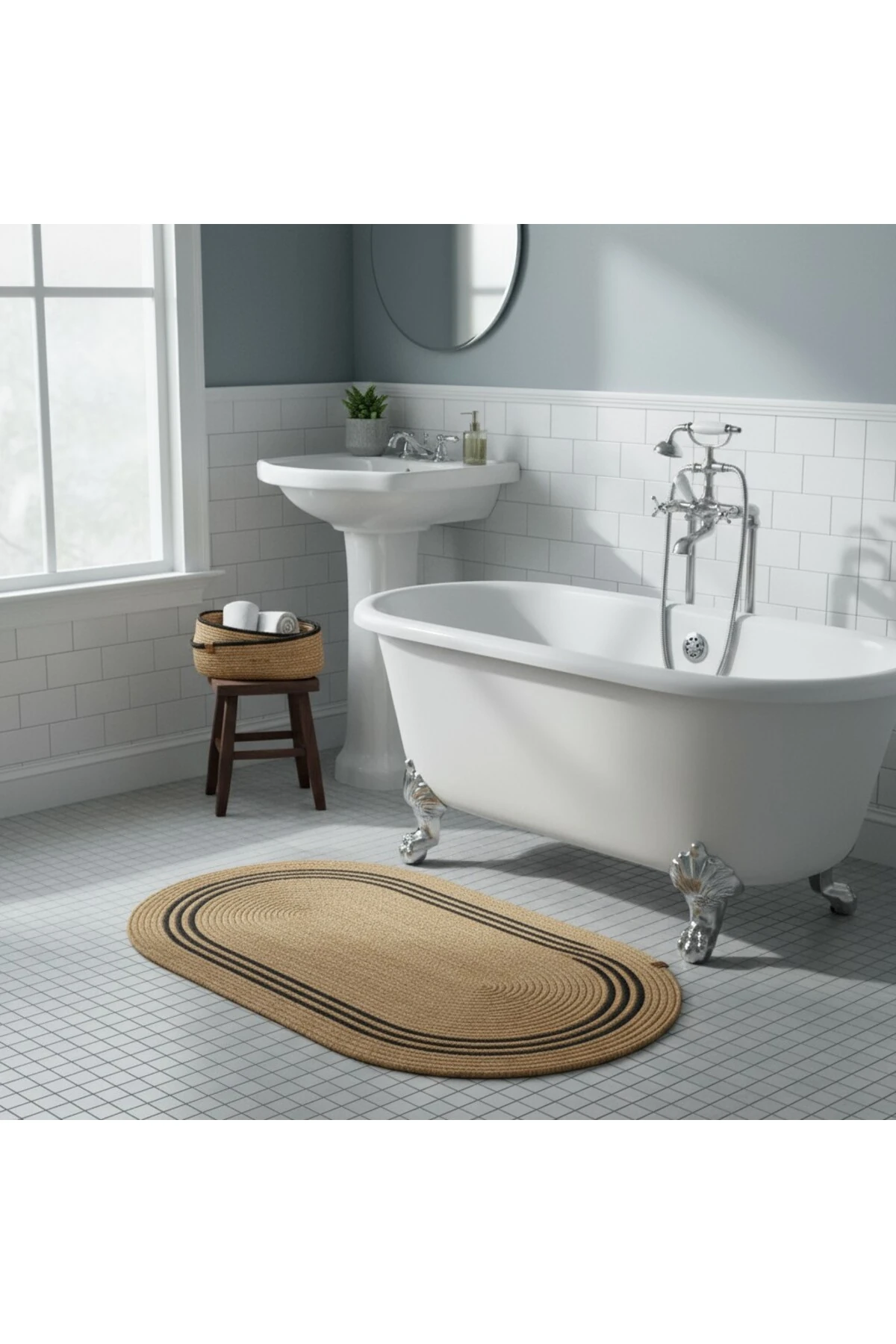 Hasır Siyah Çizgili / Jüt 4 Parça Çizgili Banyo Paspas Takımı | Oval Sepet, Paspas Ve Dekor Seti