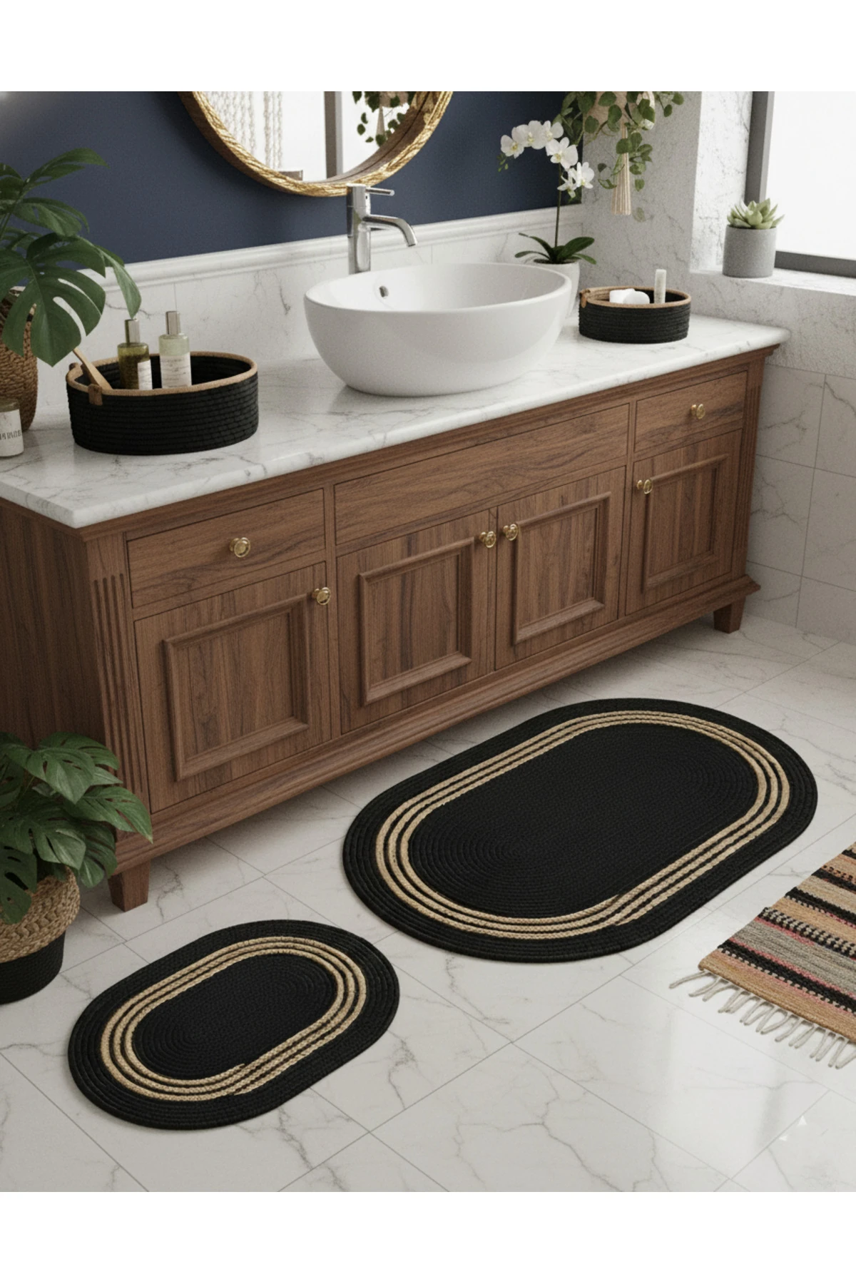 Siyah Hasır Çizgili / Jüt 4 Parça Çizgili Banyo Paspas Takımı | Oval Sepet, Paspas Ve Dekor Seti