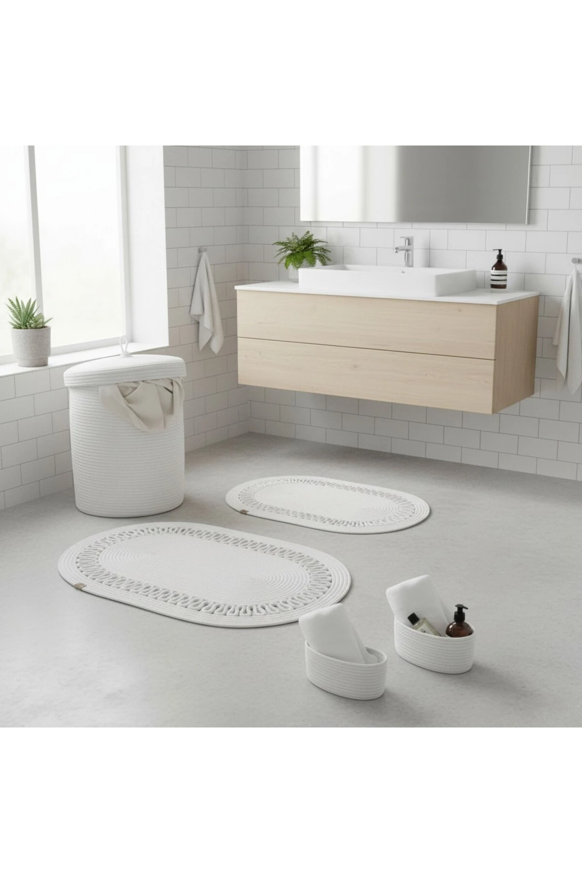 Hasır / Jüt 5 Parça Beyaz Trikotlu Banyo Paspas Takımı | Kirli Sepeti | Oval Sepetler