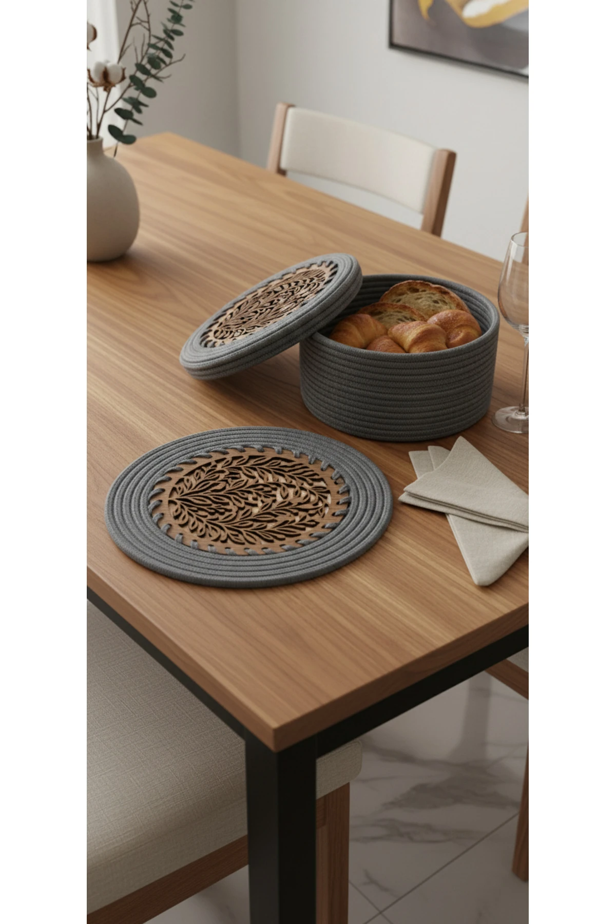4 lü Ahşap Detaylı Jüt Supla Takımı ve Ekmek Sepeti Antrasit / Şık Özel Tasarım / Comfort Table Mat