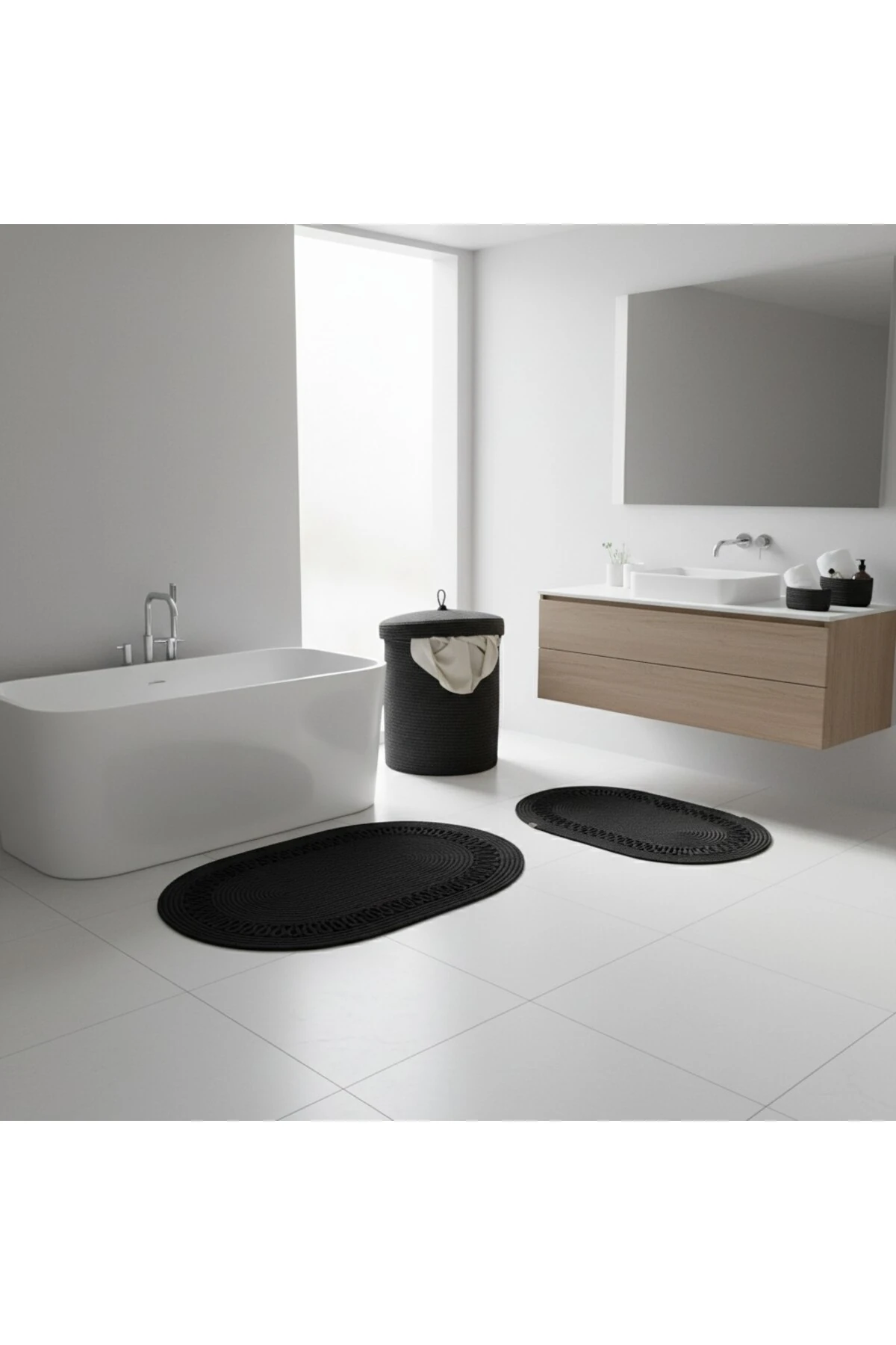 Hasır / Jüt 5 Parça Siyah Trikotlu Banyo Paspas Takımı | Kirli Sepeti | Oval Sepetler