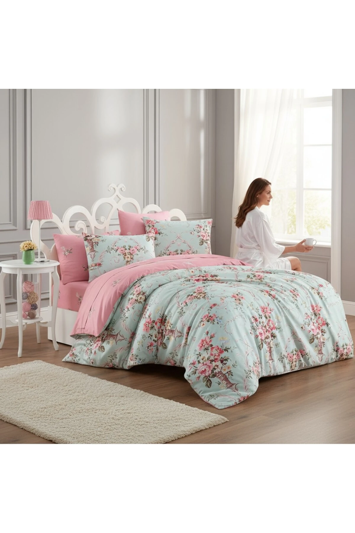 Kolay Ütülenir Çift Kişilik Nevresim Takımı Alanur Mint-Pembe