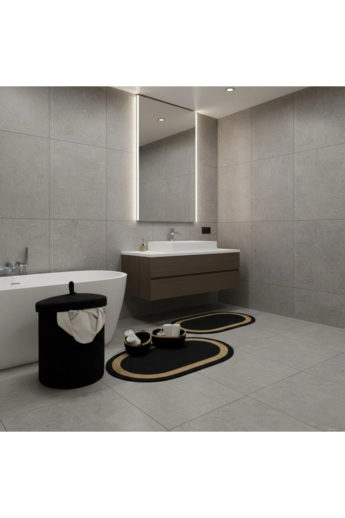 Hasır / Jüt 5 Parça Hasır Şeritli Banyo Paspas Takımı | Kirli Sepeti | Oval Sepetler