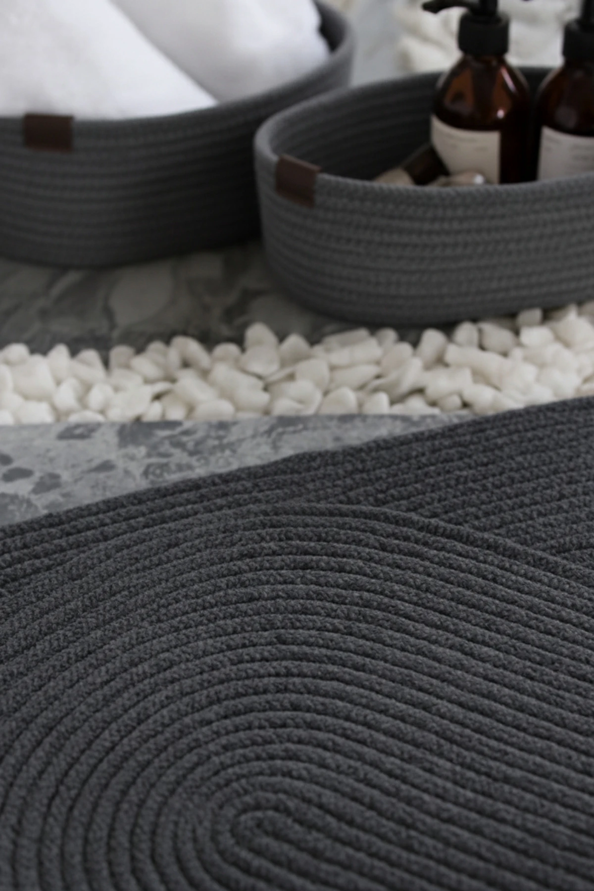 Antrasit Hasır / Jüt 4 Parça Banyo Paspas Takımı | Oval Sepet, Paspas Ve Dekor Seti