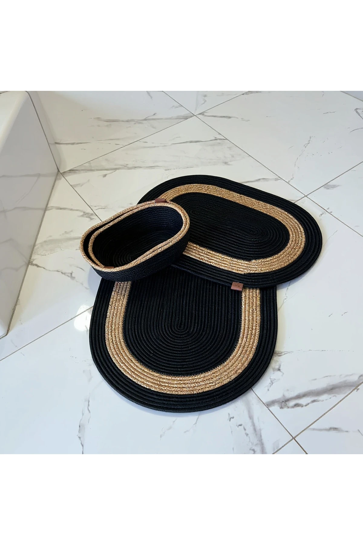 Siyah Hasır / Jüt 4 Parça Hasır Şeritli Banyo Paspas Takımı | Oval Sepet, Paspas Ve Dekor Seti