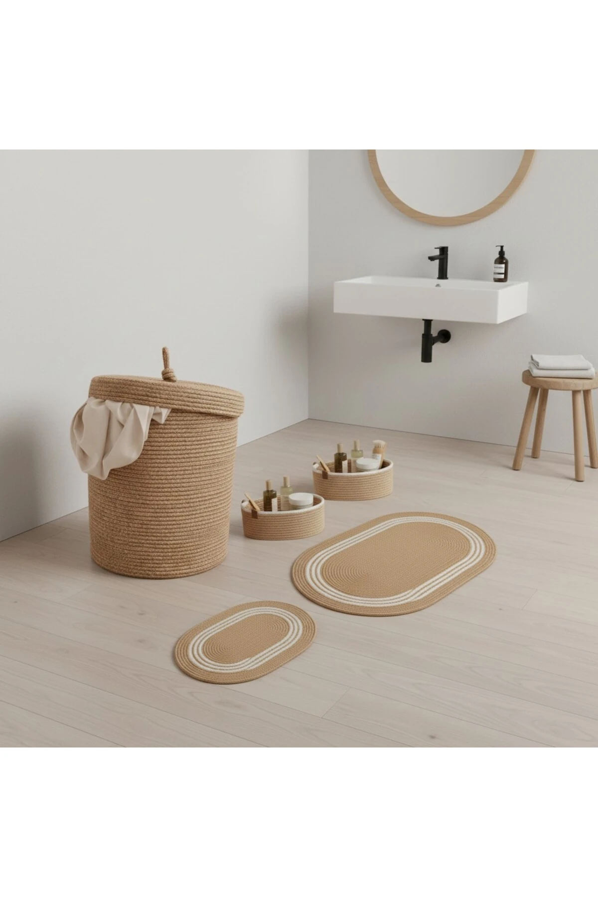 Hasır / Jüt 5 Parça Beyaz Çizgili Banyo Paspas Takımı | Kirli Sepeti | Oval Sepetler