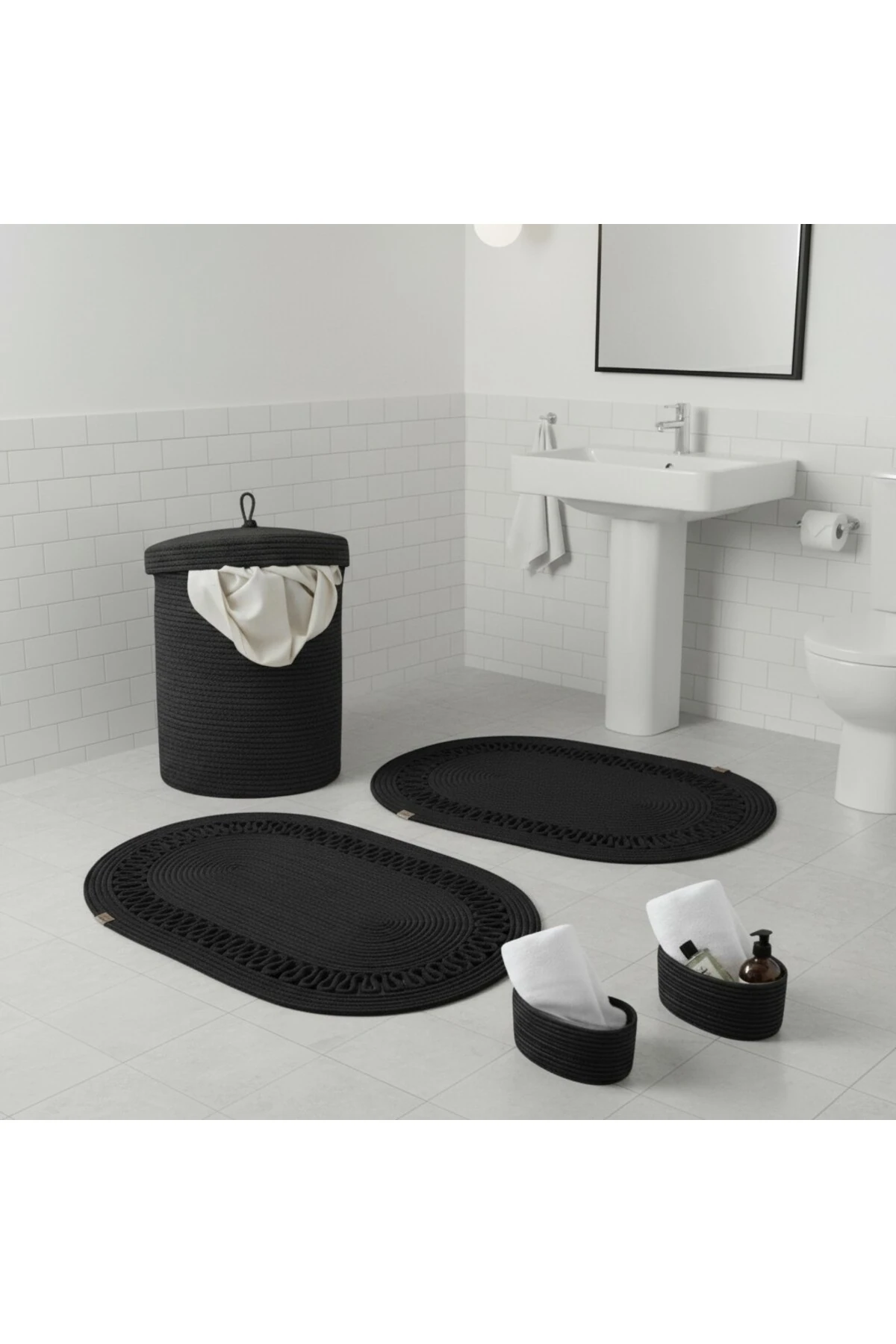 Hasır / Jüt 5 Parça Siyah Trikotlu Banyo Paspas Takımı | Kirli Sepeti | Oval Sepetler