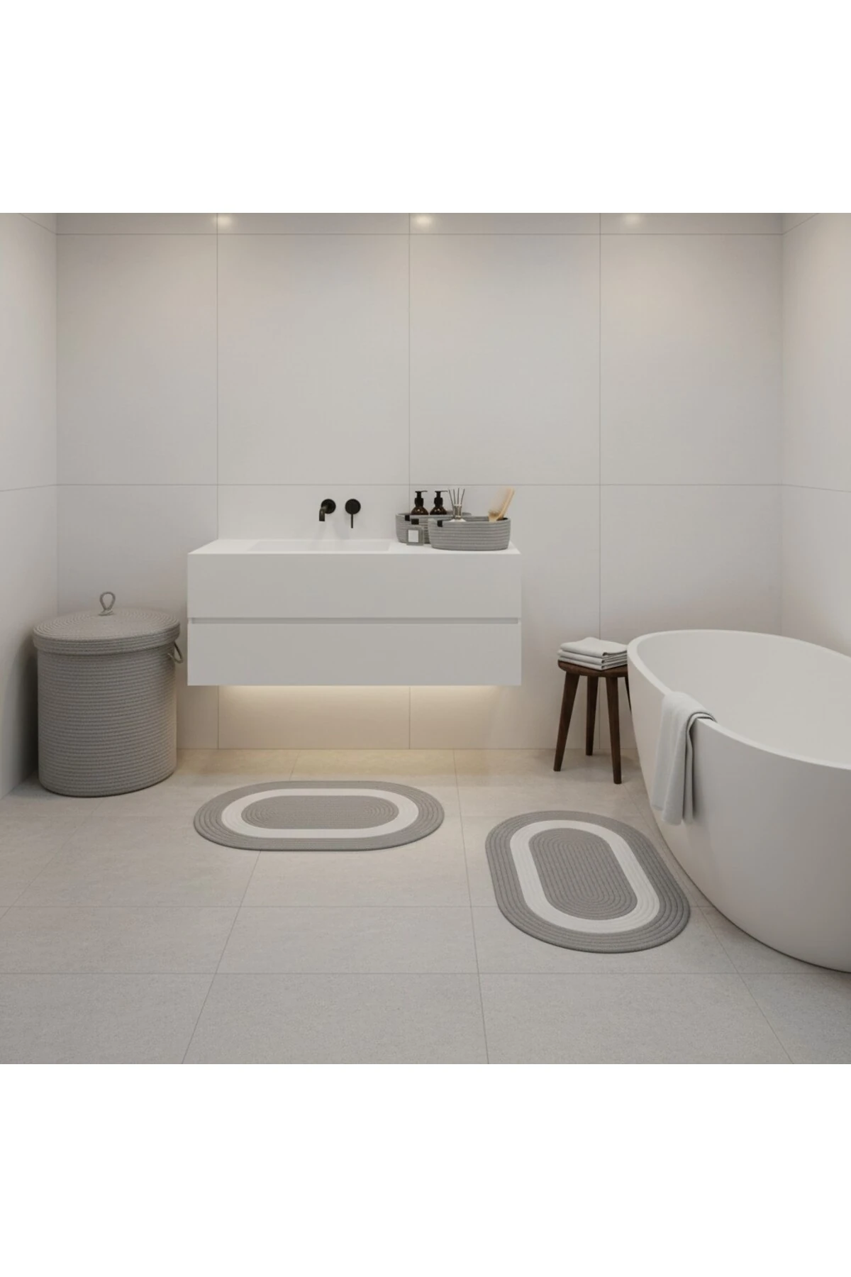 Hasır / Jüt 5 Parça Gri Beyaz Şeritli Banyo Paspas Takımı | Kirli Sepeti | Oval Sepetler