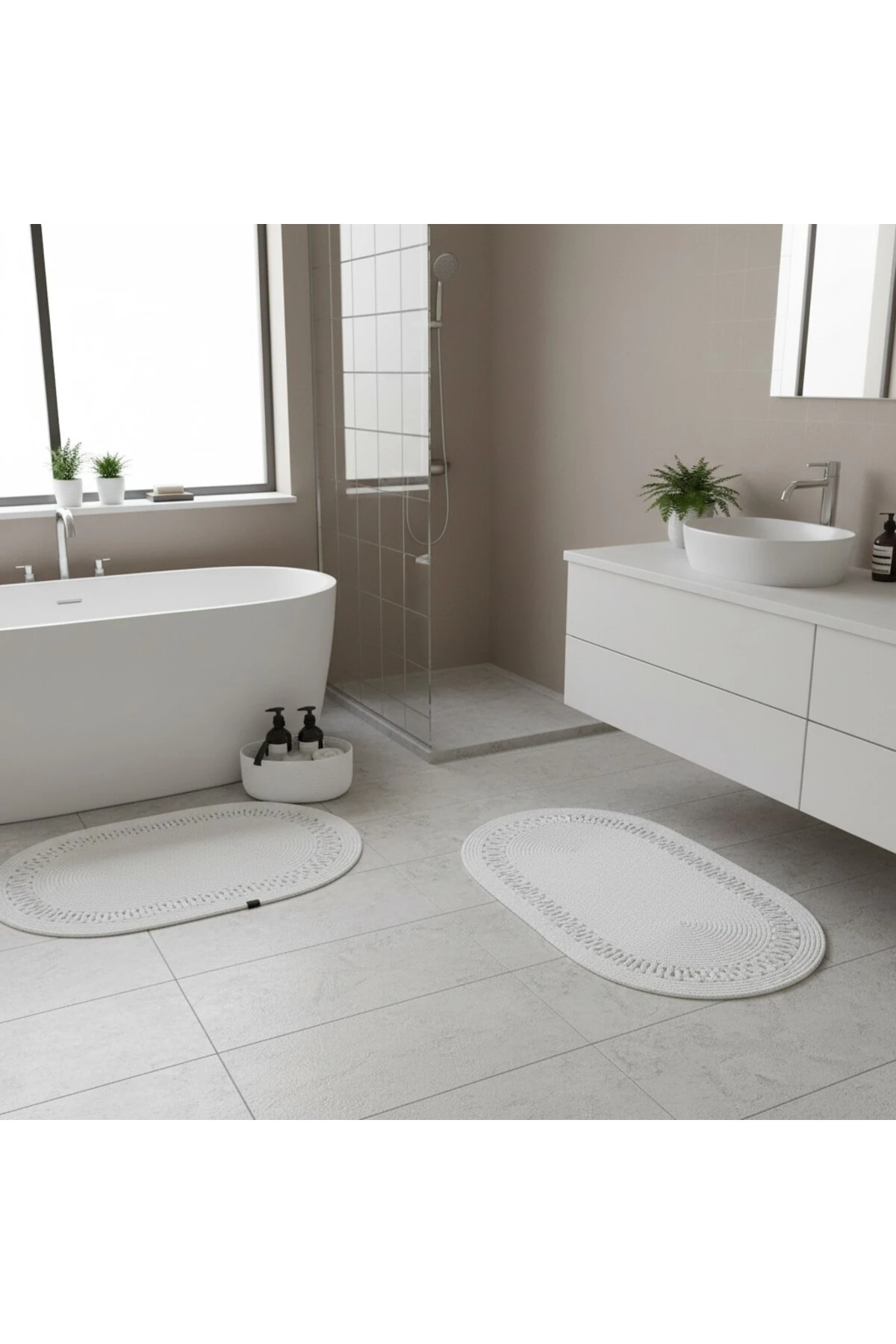 Beyaz Hasır / Jüt 4 Parça Trikotlu Banyo Paspas Takımı | Oval Sepet, Paspas Ve Dekor Seti