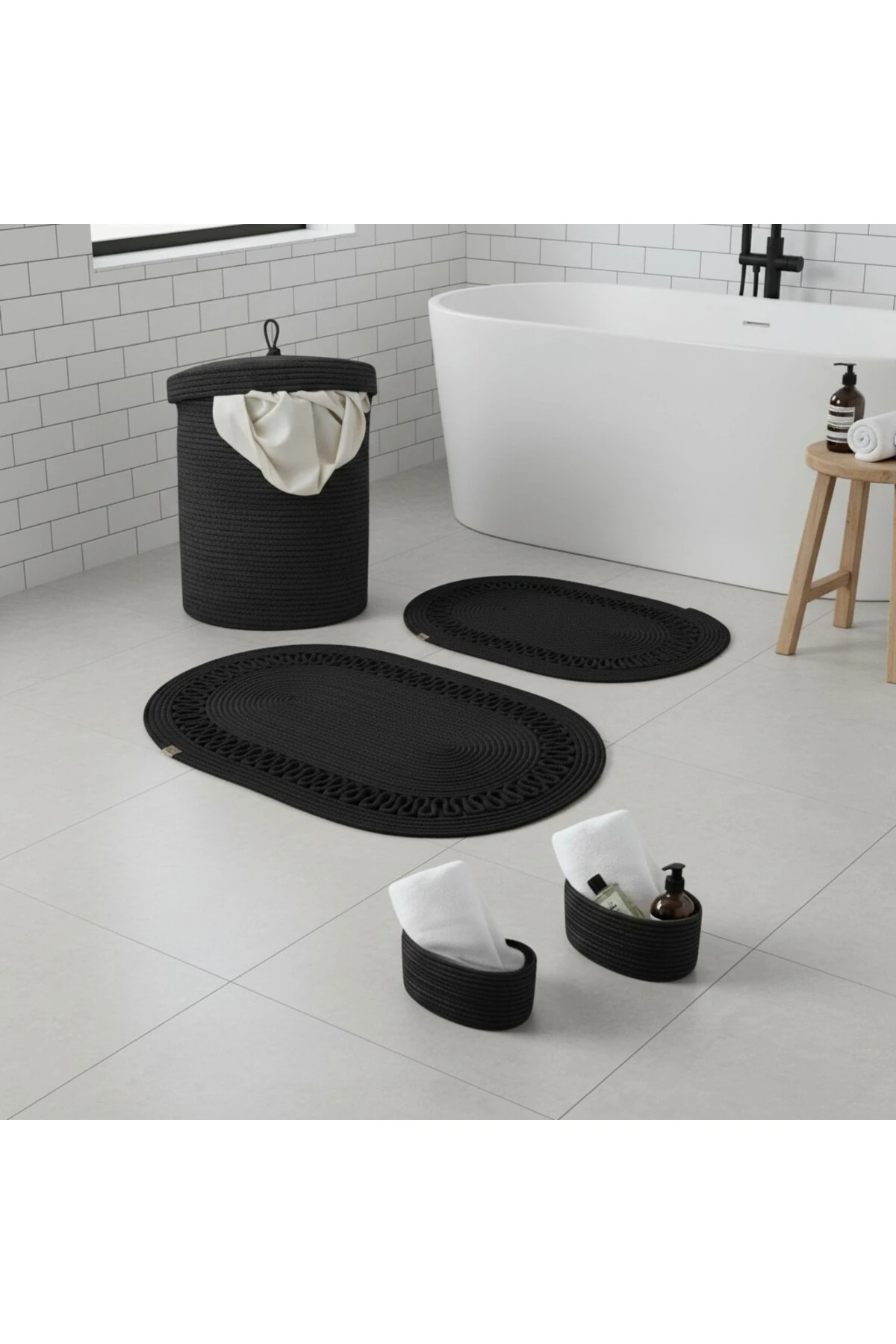 Hasır / Jüt 5 Parça Siyah Trikotlu Banyo Paspas Takımı | Kirli Sepeti | Oval Sepetler