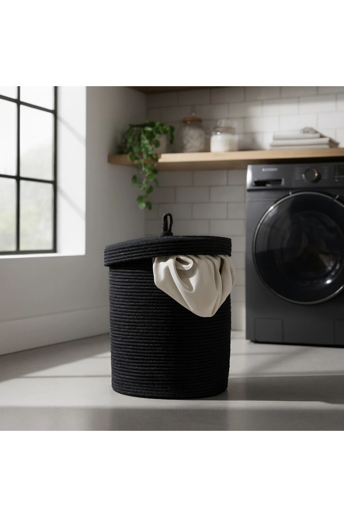 Jüt Kapaklı Hasır Kirli Çamaşır Sepeti Siyah | Oyuncak, Banyo Organizeri | 35x40 Cm