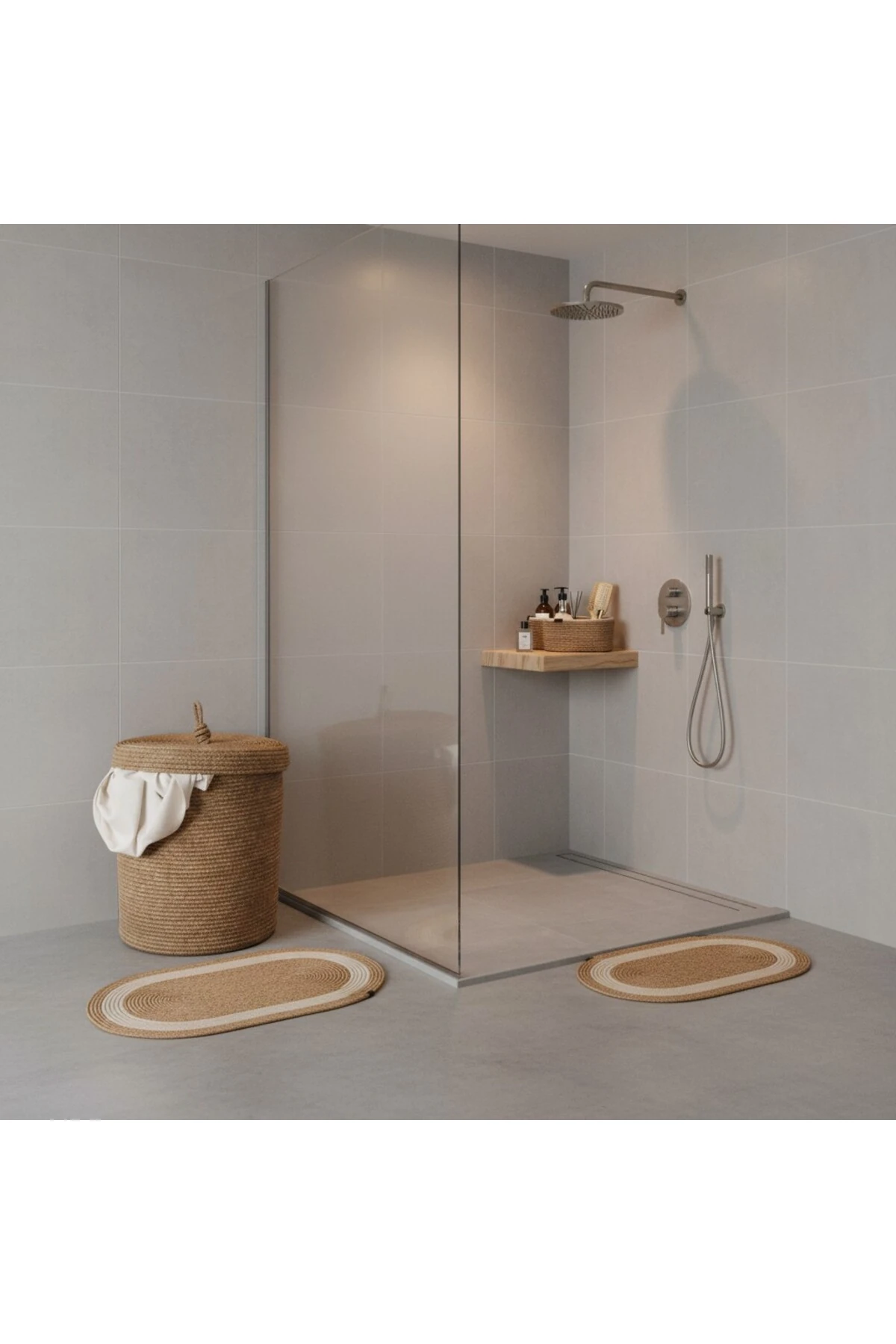 Hasır / Jüt 5 Parça Beyaz Şeritli Banyo Paspas Takımı | Kirli Sepeti | Oval Sepetler