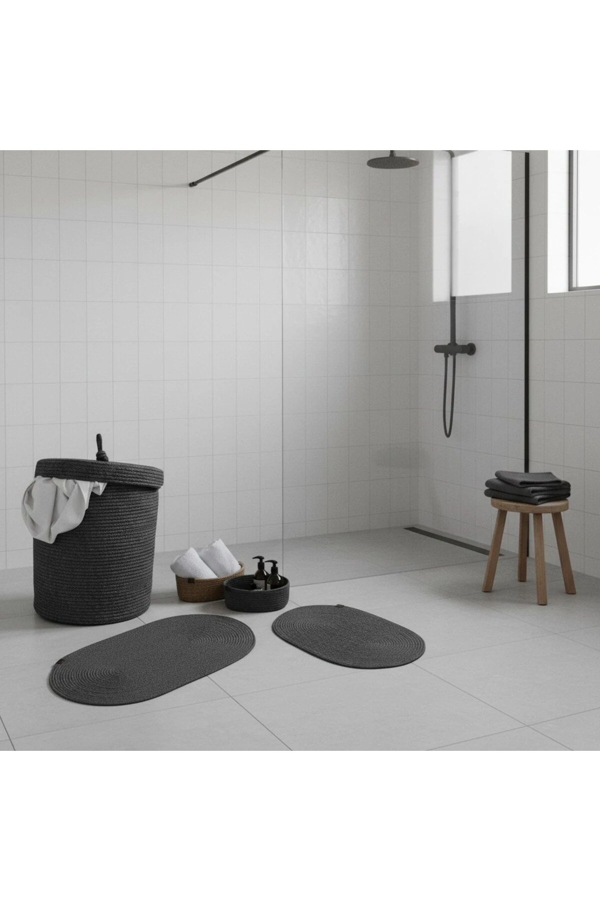 Hasır / Jüt 5 Parça Antrasit Banyo Paspas Takımı | Kirli Sepeti | Oval Sepetler