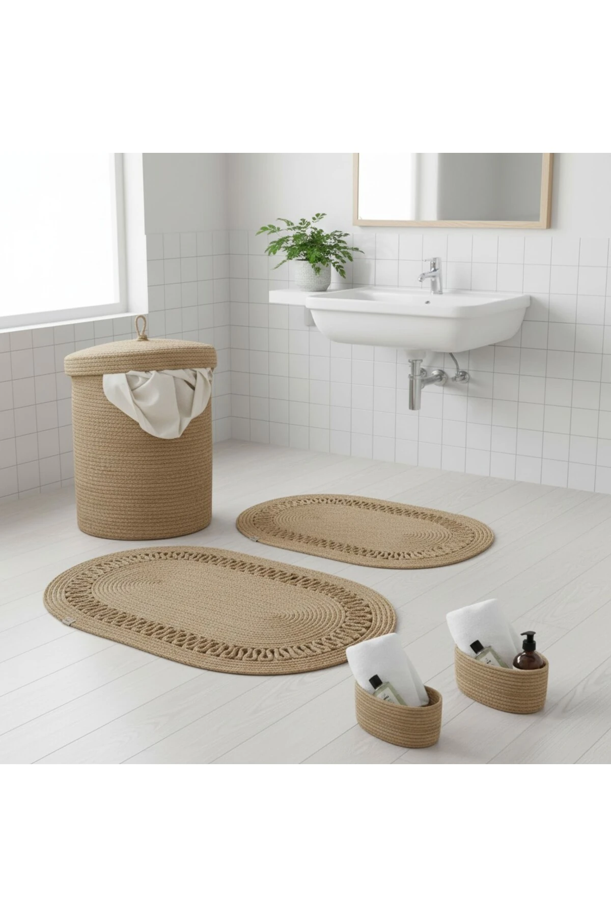Hasır / Jüt 5 Parça Hasır Trikotlu Banyo Paspas Takımı | Kirli Sepeti | Oval Sepetler