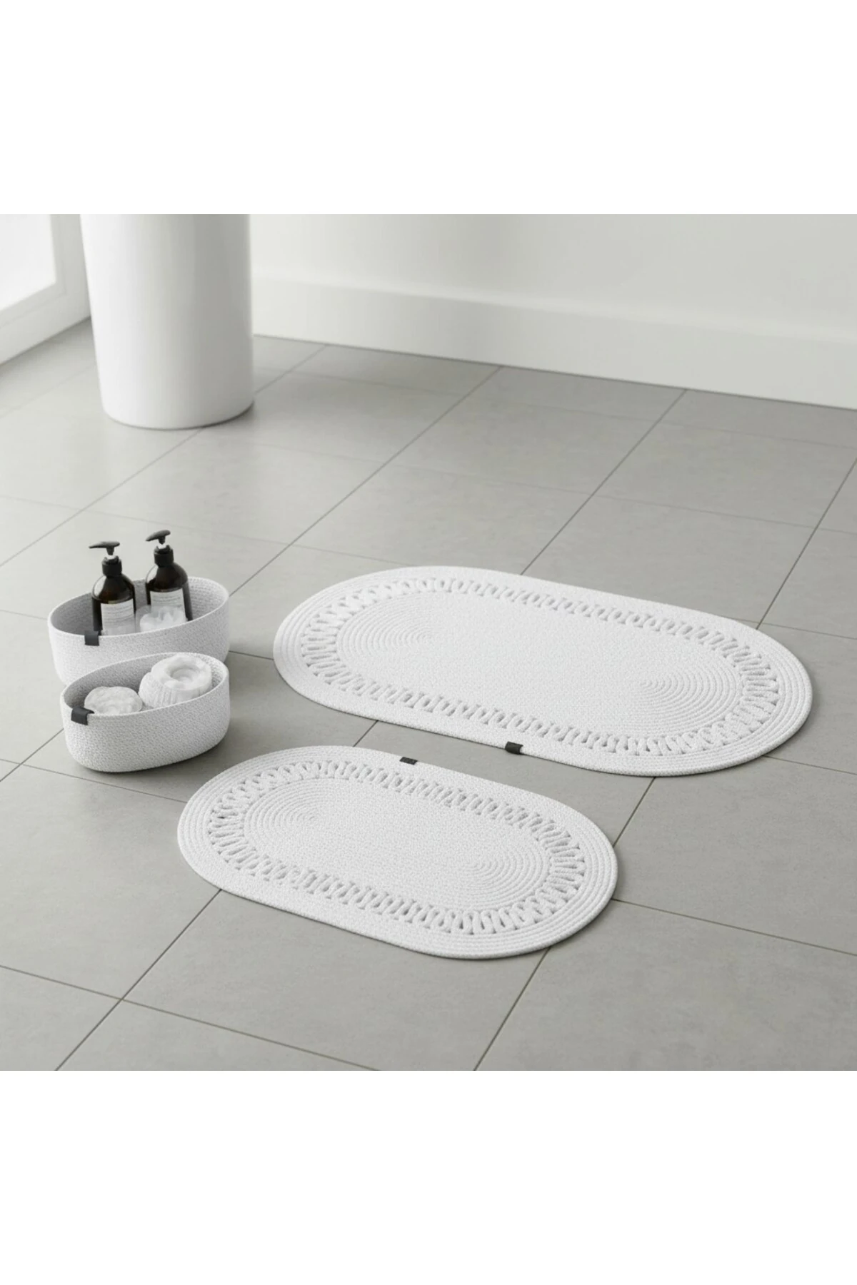 Beyaz Hasır / Jüt 4 Parça Trikotlu Banyo Paspas Takımı | Oval Sepet, Paspas Ve Dekor Seti