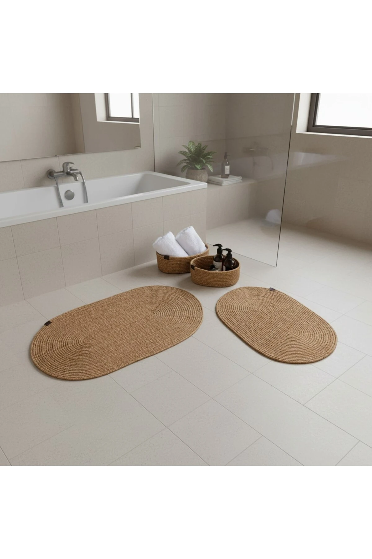 Hasır / Jüt 4 Parça Banyo Paspas Takımı | Oval Sepet, Paspas Ve Dekor Seti