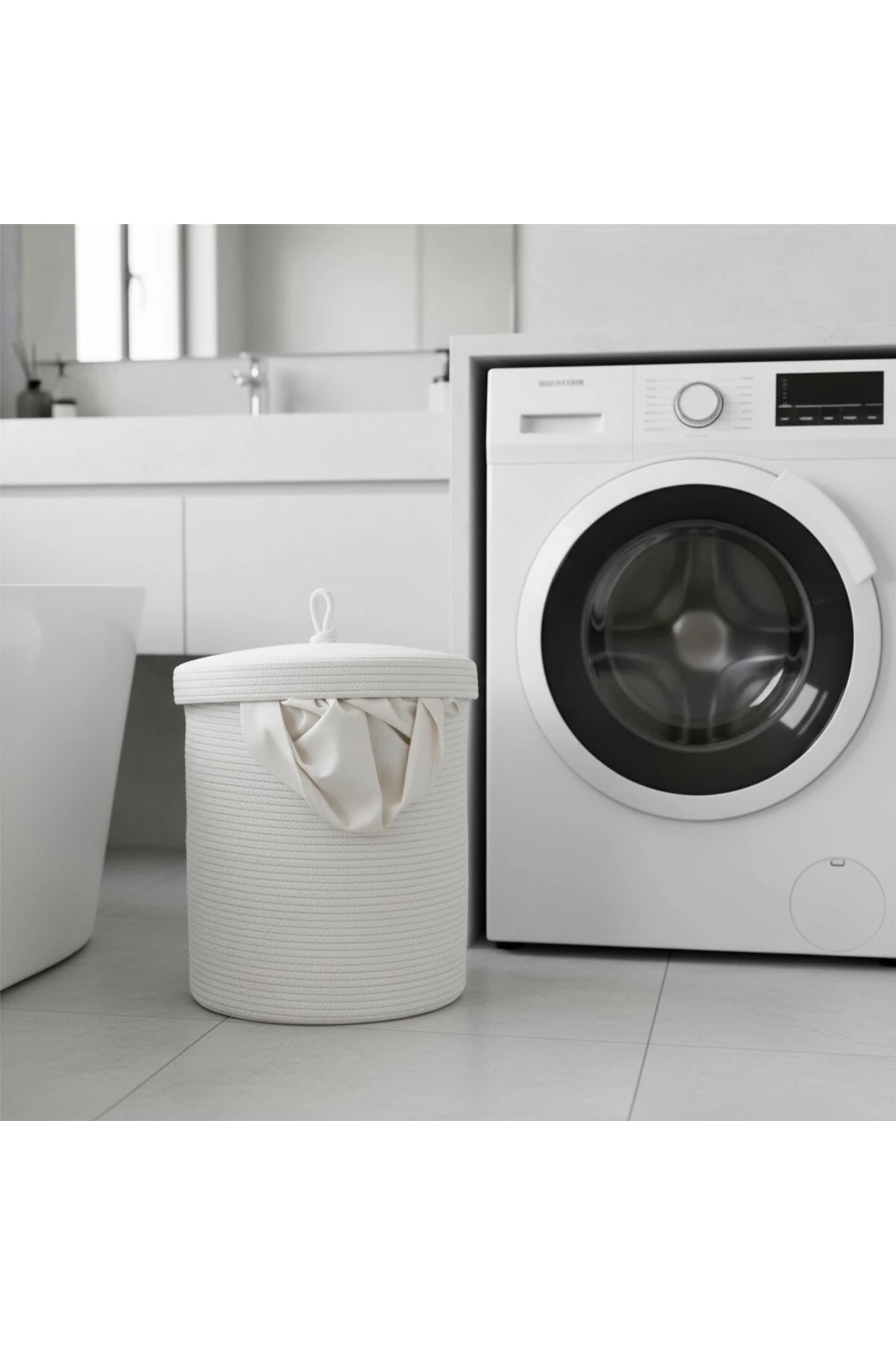 Jüt Kapaklı Hasır Kirli Çamaşır Sepeti Beyaz | Oyuncak, Banyo Organizeri | 35x40 Cm