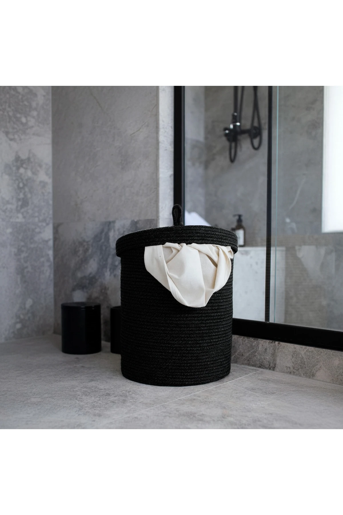 Jüt Kapaklı Hasır Kirli Çamaşır Sepeti Siyah | Oyuncak, Banyo Organizeri | 35x40 Cm