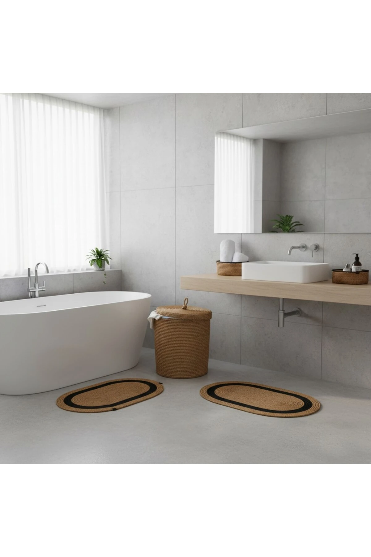 Hasır / Jüt 5 Parça Siyah Şeritli Banyo Paspas Takımı | Kirli Sepeti | Oval Sepetler