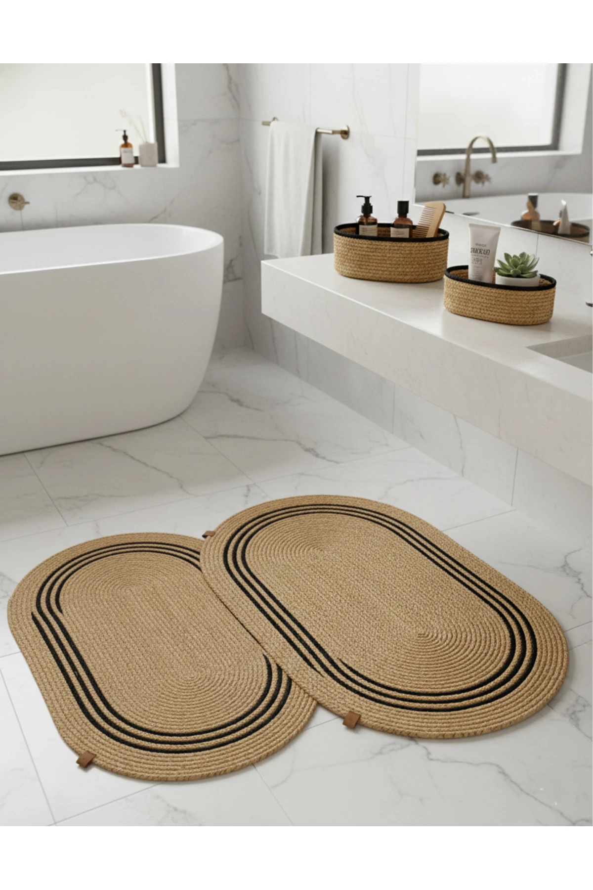 Hasır Siyah Çizgili / Jüt 4 Parça Çizgili Banyo Paspas Takımı | Oval Sepet, Paspas Ve Dekor Seti
