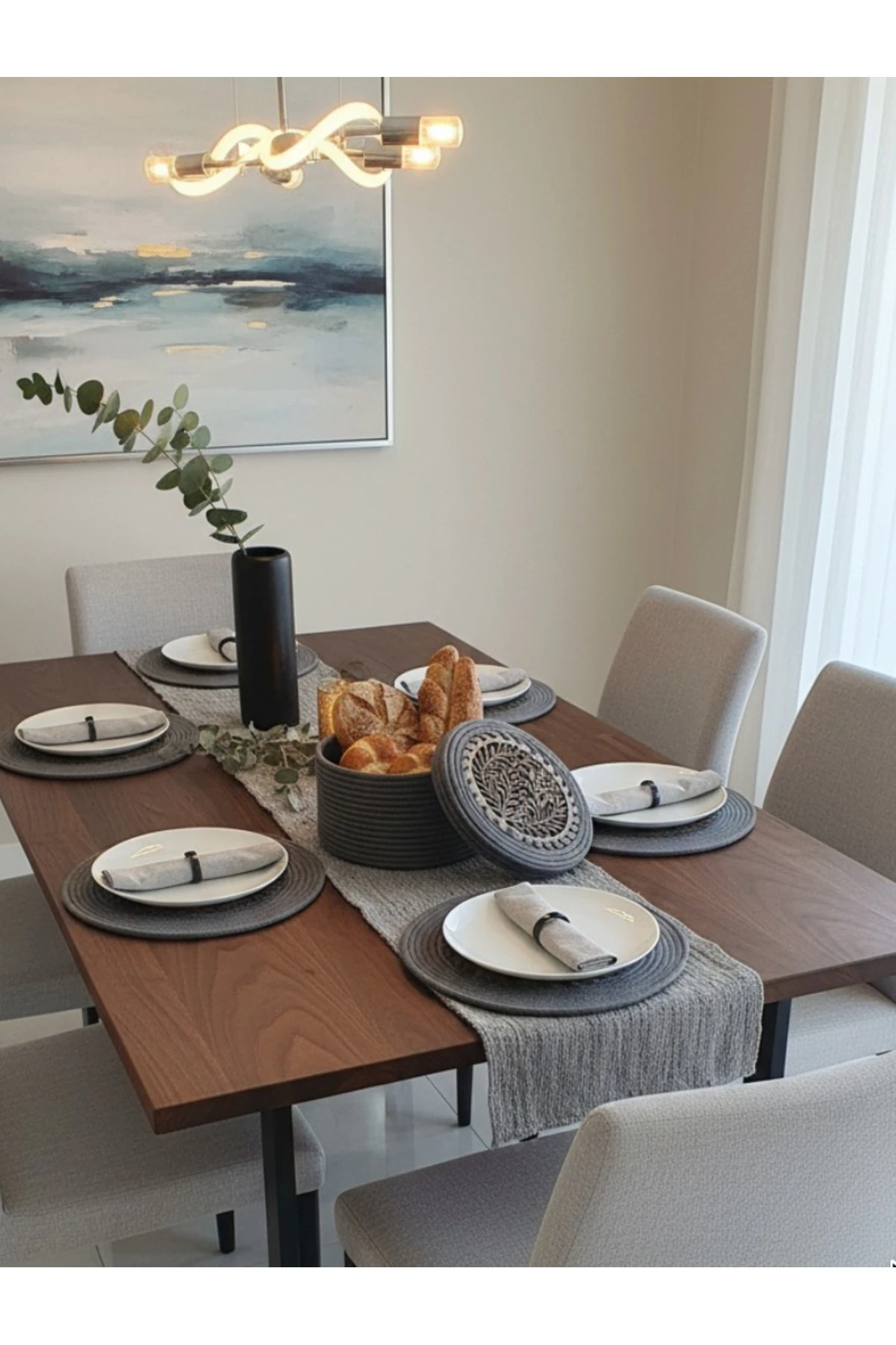 4 lü Ahşap Detaylı Jüt Supla Takımı ve Ekmek Sepeti Antrasit / Şık Özel Tasarım / Comfort Table Mat