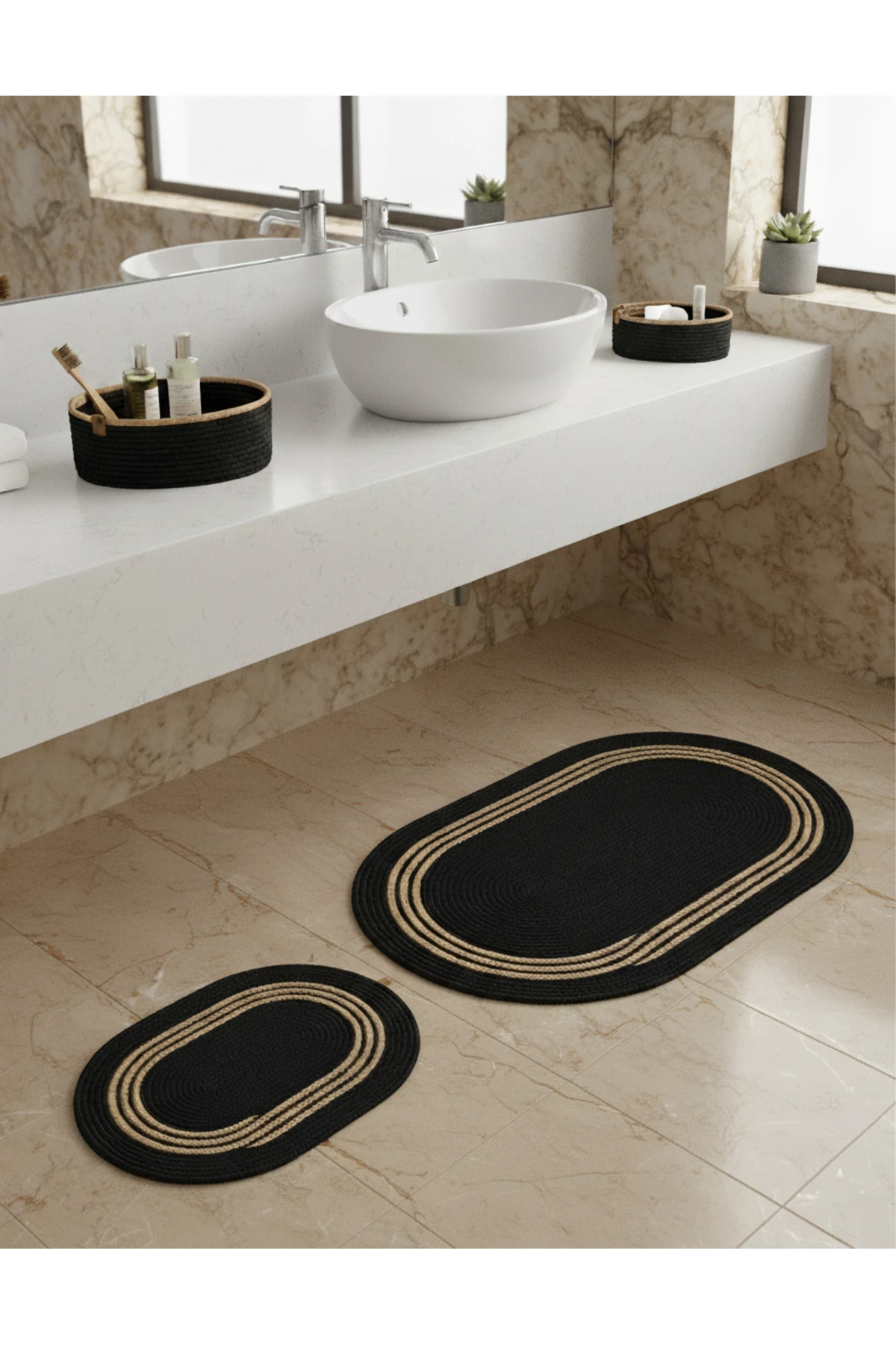 Siyah Hasır Çizgili / Jüt 4 Parça Çizgili Banyo Paspas Takımı | Oval Sepet, Paspas Ve Dekor Seti