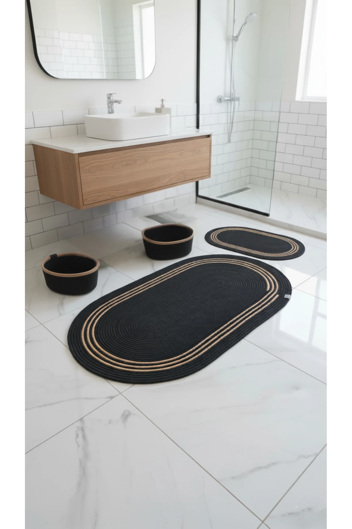Siyah Hasır Çizgili / Jüt 4 Parça Çizgili Banyo Paspas Takımı | Oval Sepet, Paspas Ve Dekor Seti