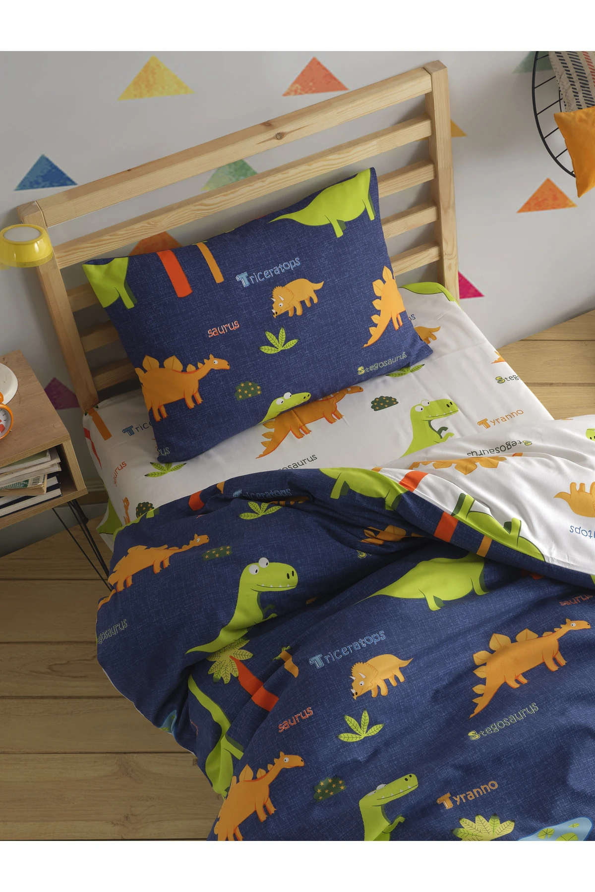 Kolay Ütülenir Nevresim Takımı Tek Kişilik Dinolar Lacivert