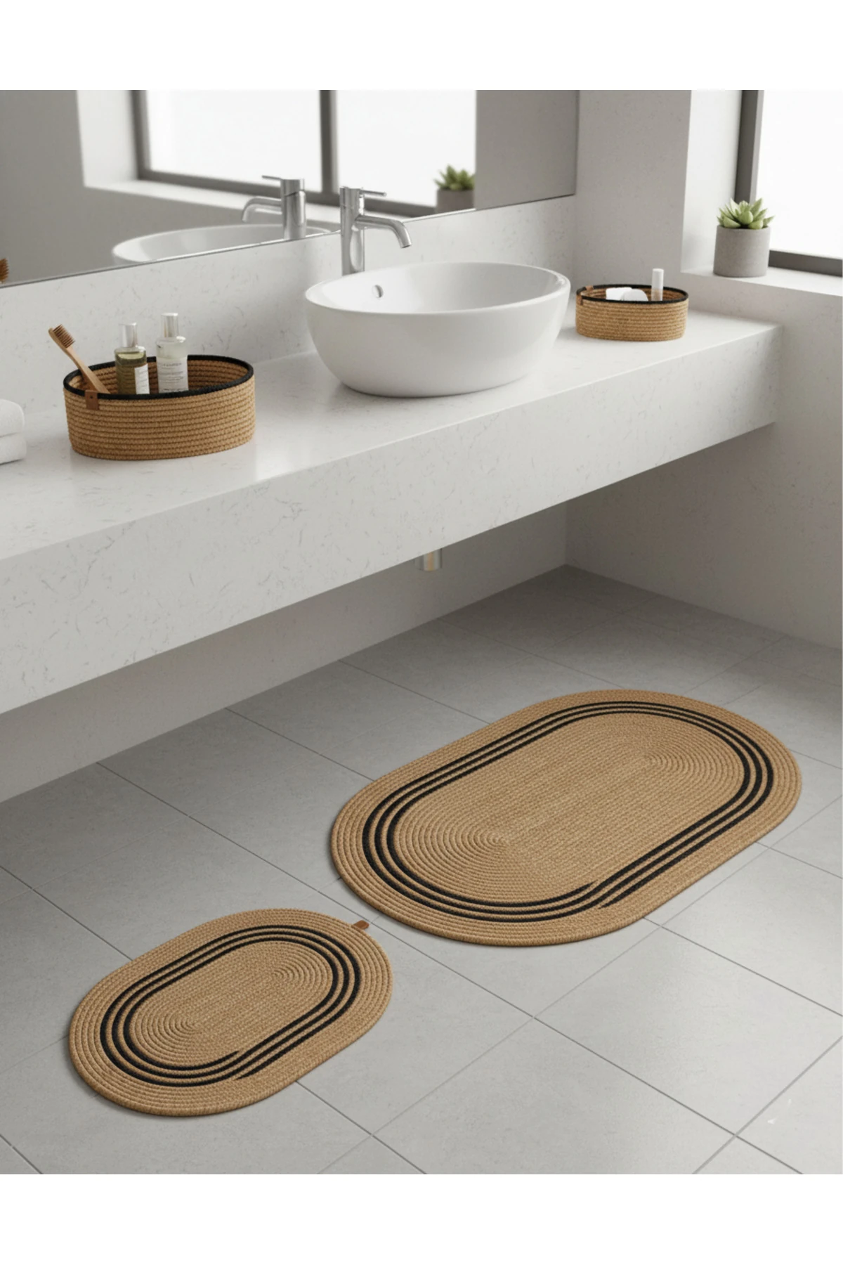 Hasır Siyah Çizgili / Jüt 4 Parça Çizgili Banyo Paspas Takımı | Oval Sepet, Paspas Ve Dekor Seti