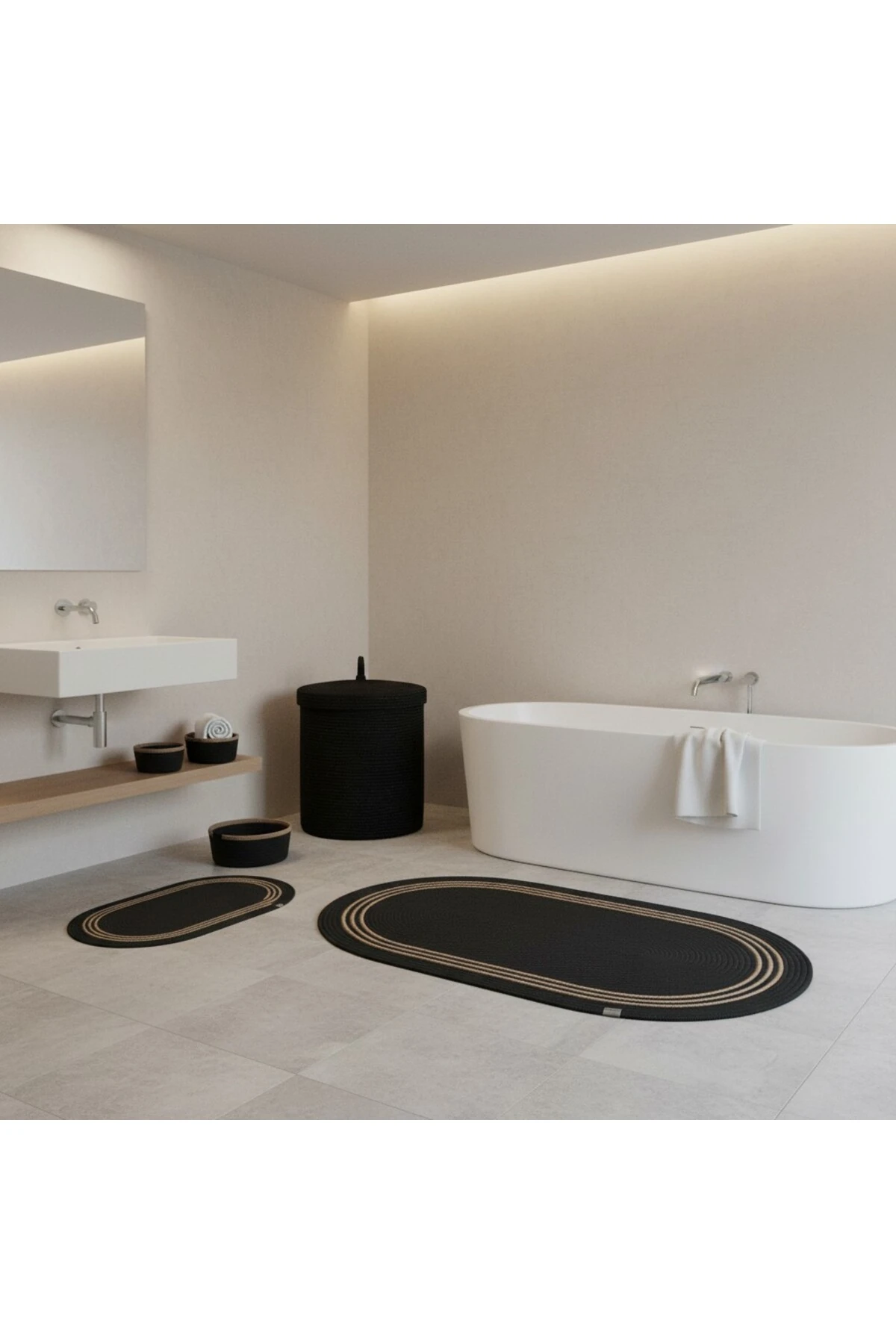 Hasır / Jüt 5 Parça Hasır Çizgili Banyo Paspas Takımı | Kirli Sepeti | Oval Sepetler